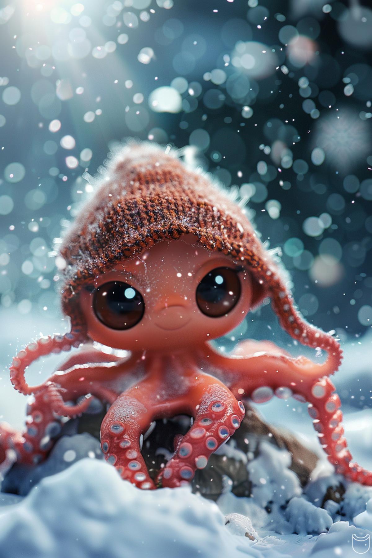 A winter full of regret, Drifting snow, A super cute baby pixar style red fairy octopus, shiny snow-white fluffy, big bright eyes, wearing a dark serif suit, wearing dark a hat, smile,delicate and fine, fairy tales, incredibly high detailed, Pixar style, bright color , Natural light, Simple background with pure color,5 and Octane Render, trending on artstation, Gorgeous,ultra wide angle, 8K,hd realistic, 8K Hd