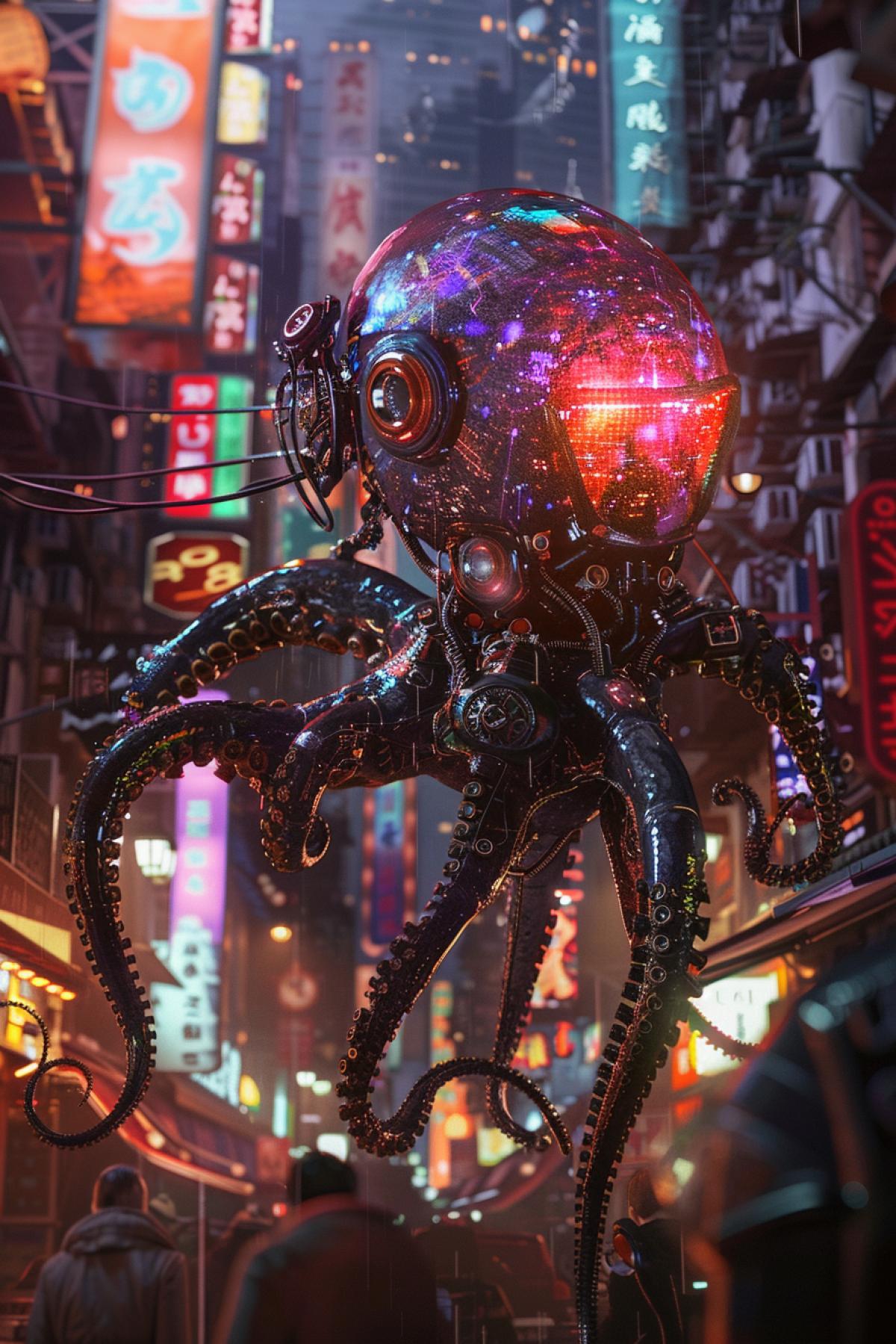robotic cyberpunk octopus by Akihiko Yoshida, bio mechanical, detailed mechanics, city landscape, rainbow neon colors, portrait, photorealistic, concept art, very detailed, 8k, 34 cinematic lighting, octane render, unreal engine 5, character design, photography