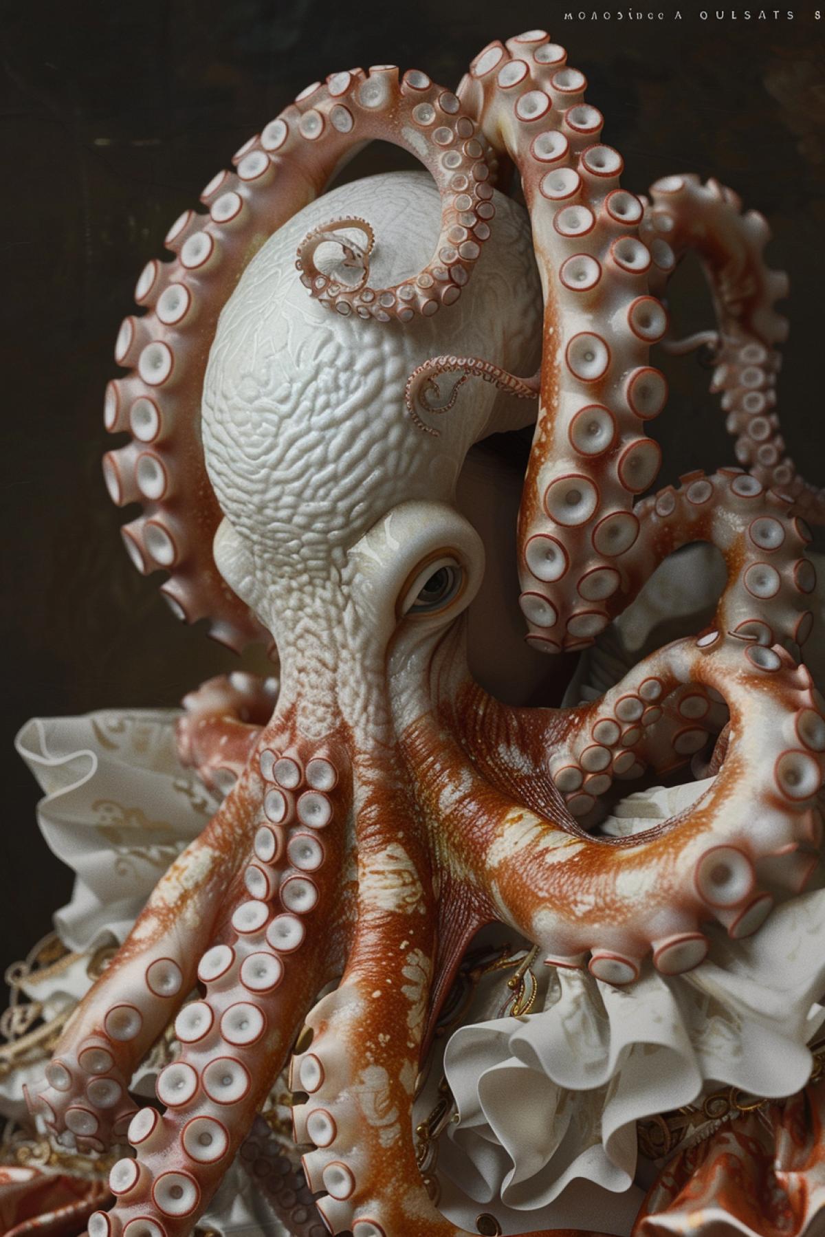 an octopus in an Elizabethan costume painted by Francisco de Zurbarán. vibrant colours, ethereal style, scientific , opulence, hypermaximalist, elegant, ornate, chinoiserie painted chairs, luxurious, harmony , matte, intricate, cinematic, cgsociety, 8k
