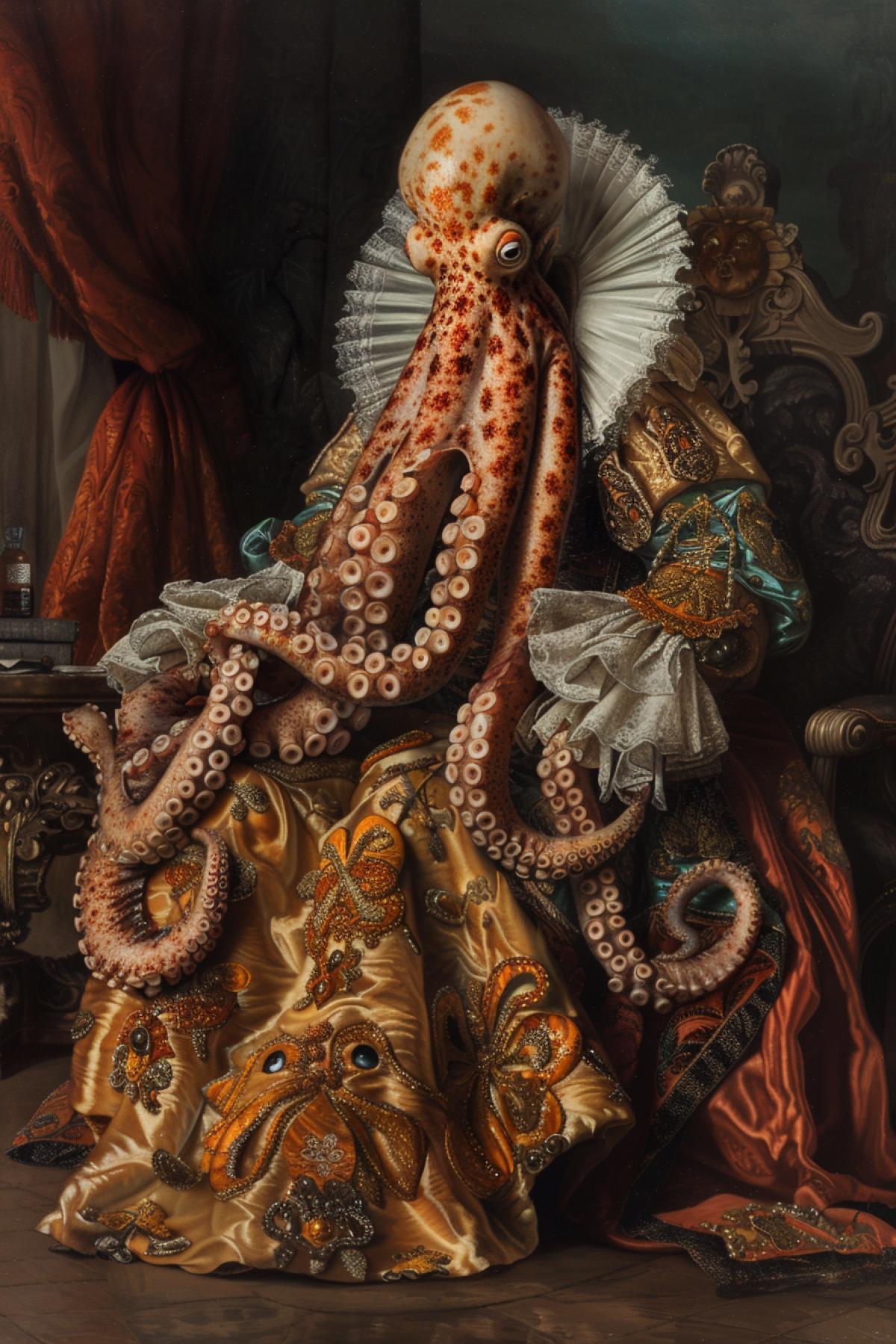 an octopus in an Elizabethan costume painted by Francisco de Zurbarán. vibrant colours, ethereal style, scientific , opulence, hypermaximalist, elegant, ornate, chinoiserie painted chairs, luxurious, harmony , matte, intricate, cinematic, cgsociety, 8k