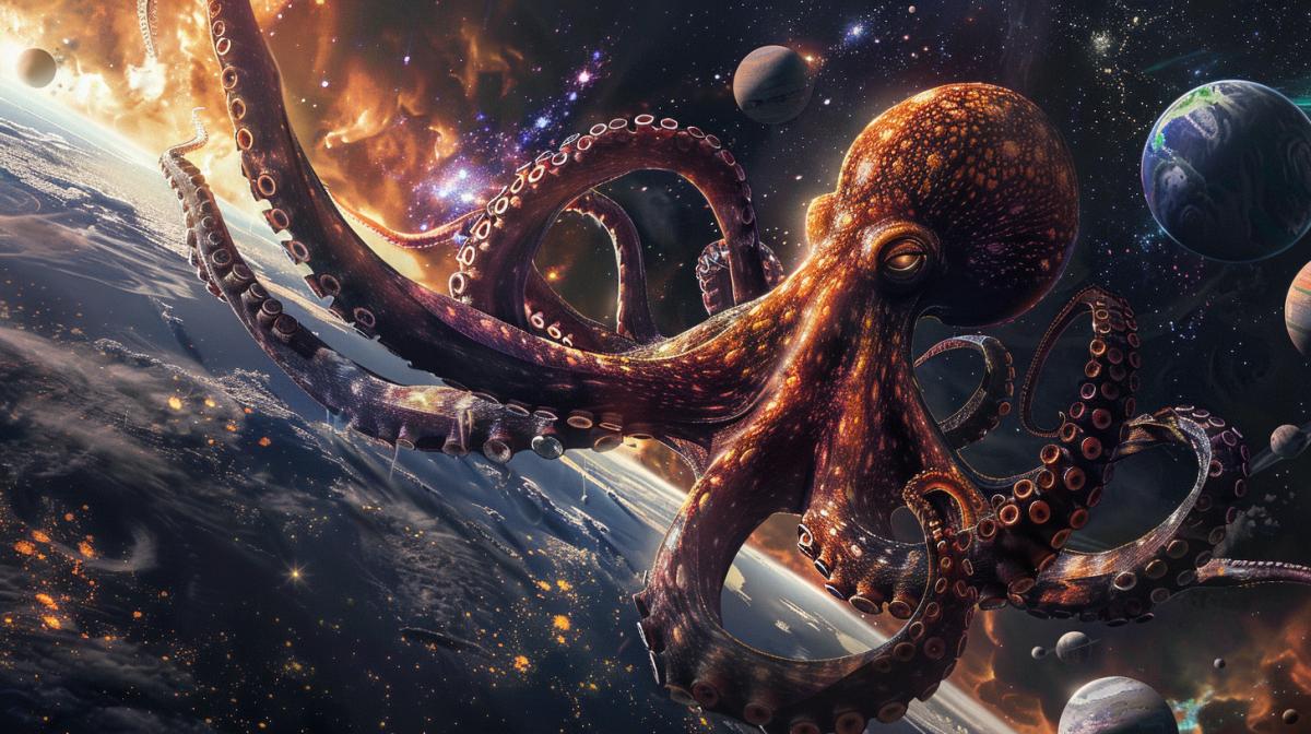 A huge creepy octopus is in space observing the planets, high quality, good detail, 4K, Lovecraftism, comic art