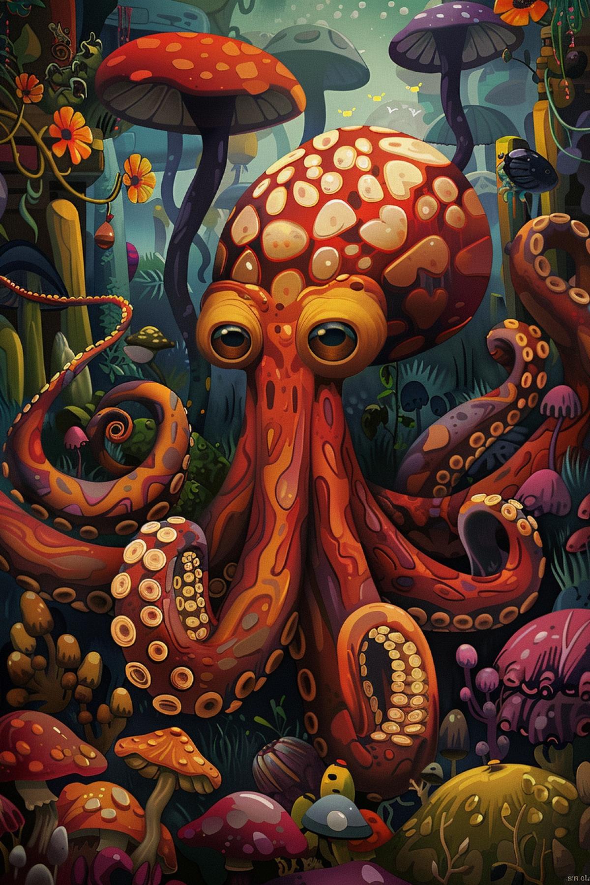surprised octopus, maximalism, Parallel world, cartoon world