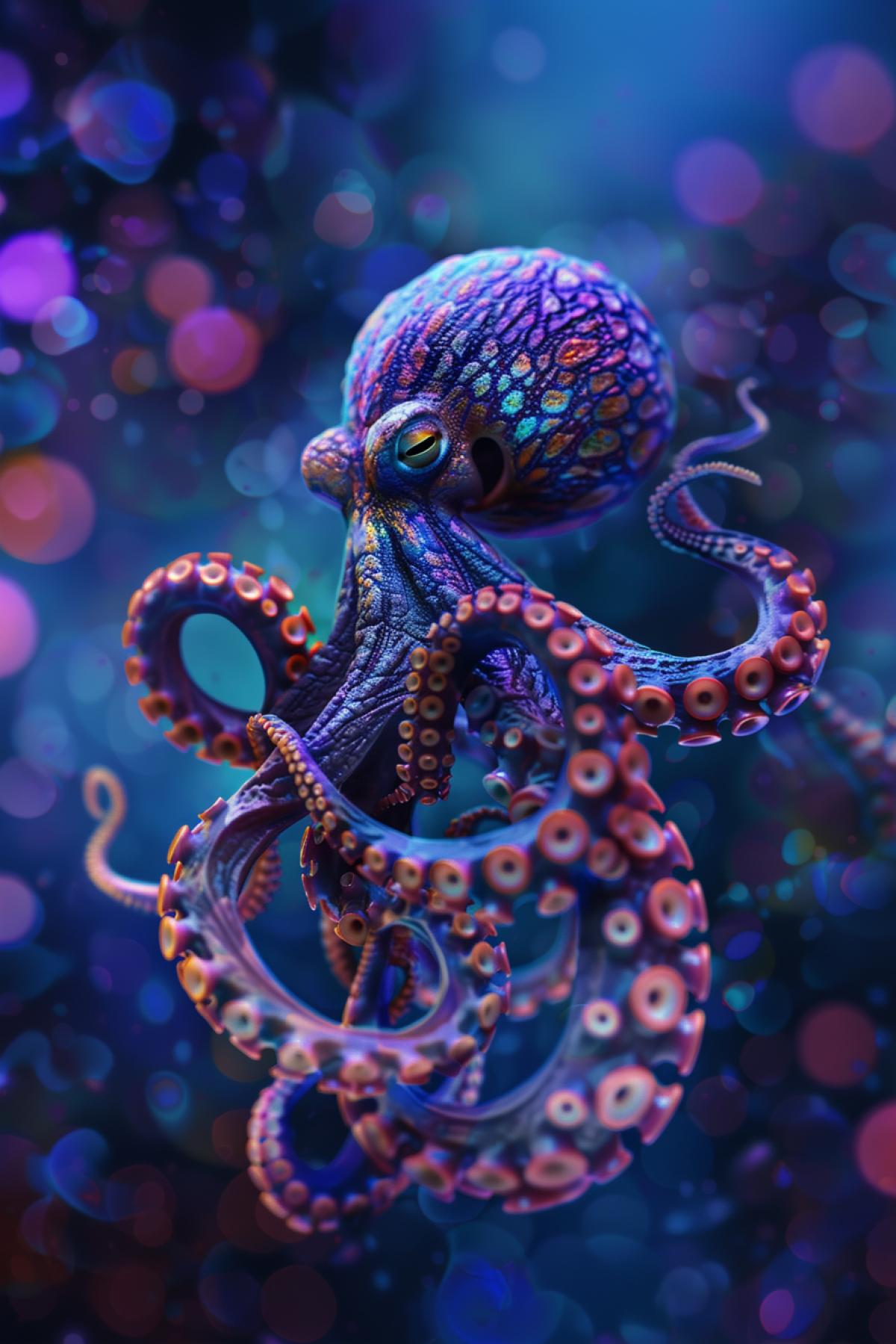 Good octopus, parallel world, fairy-tale world, mythology, flickering, halogram. Magic colors