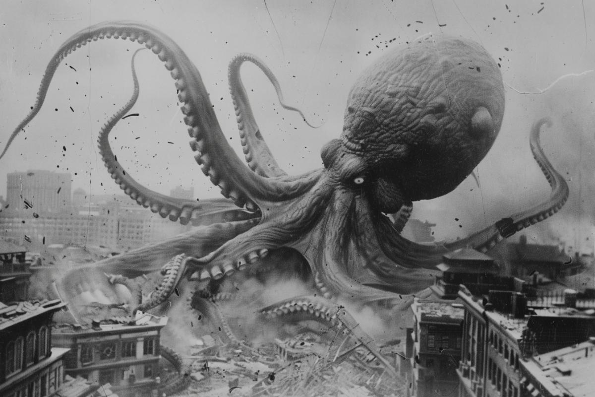 A giant octopus destroys a city, old newsreel, old film