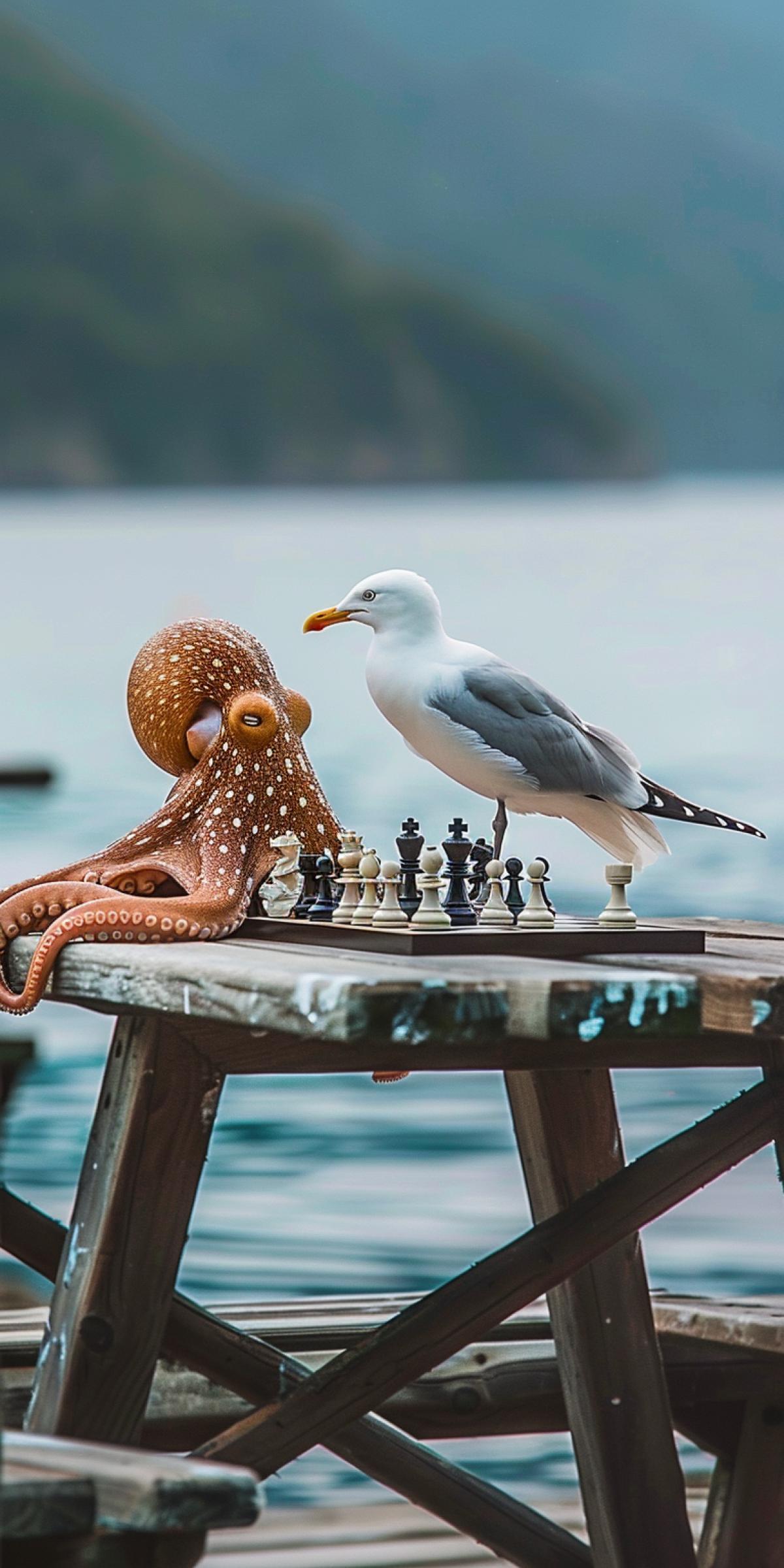 Octopus playing chess with a seagull, funny rare photo