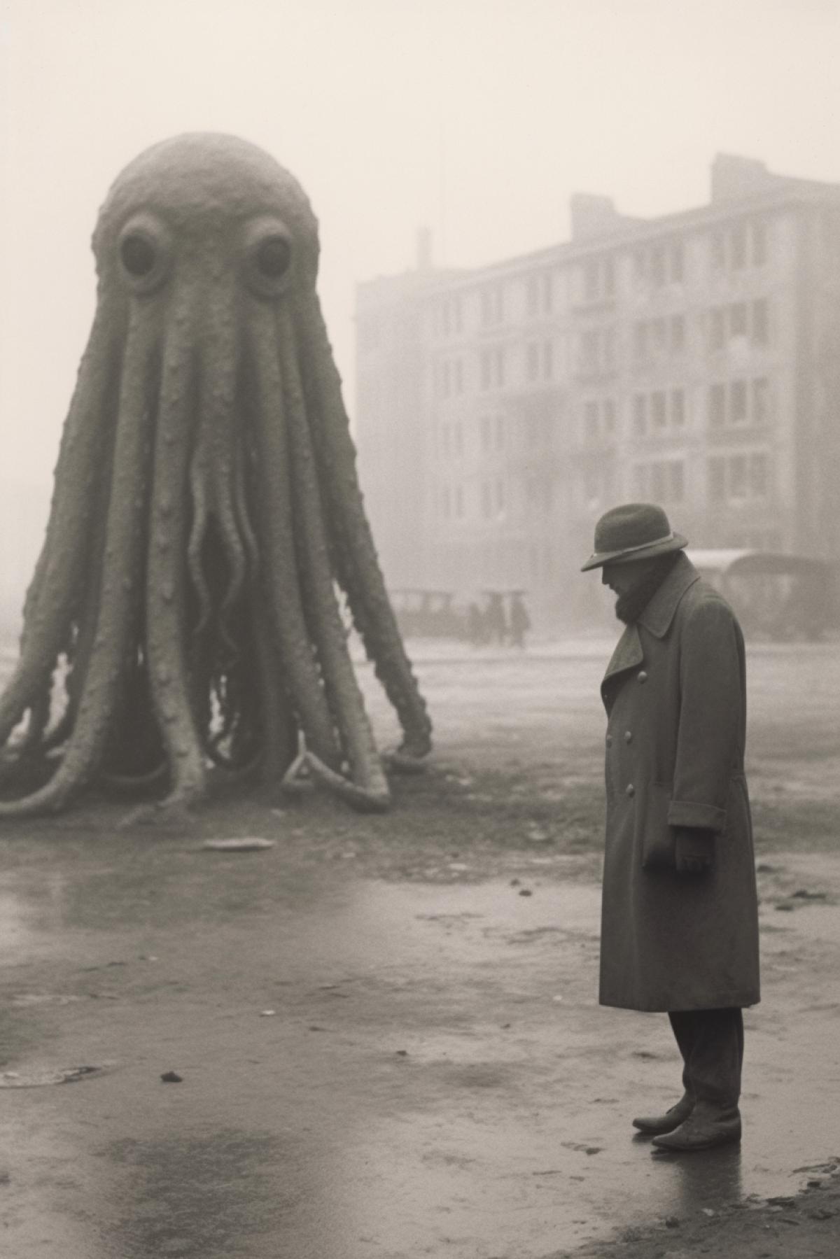 Vintage photo, a sad octopus in a coat is sad in Leningrad in the USSR