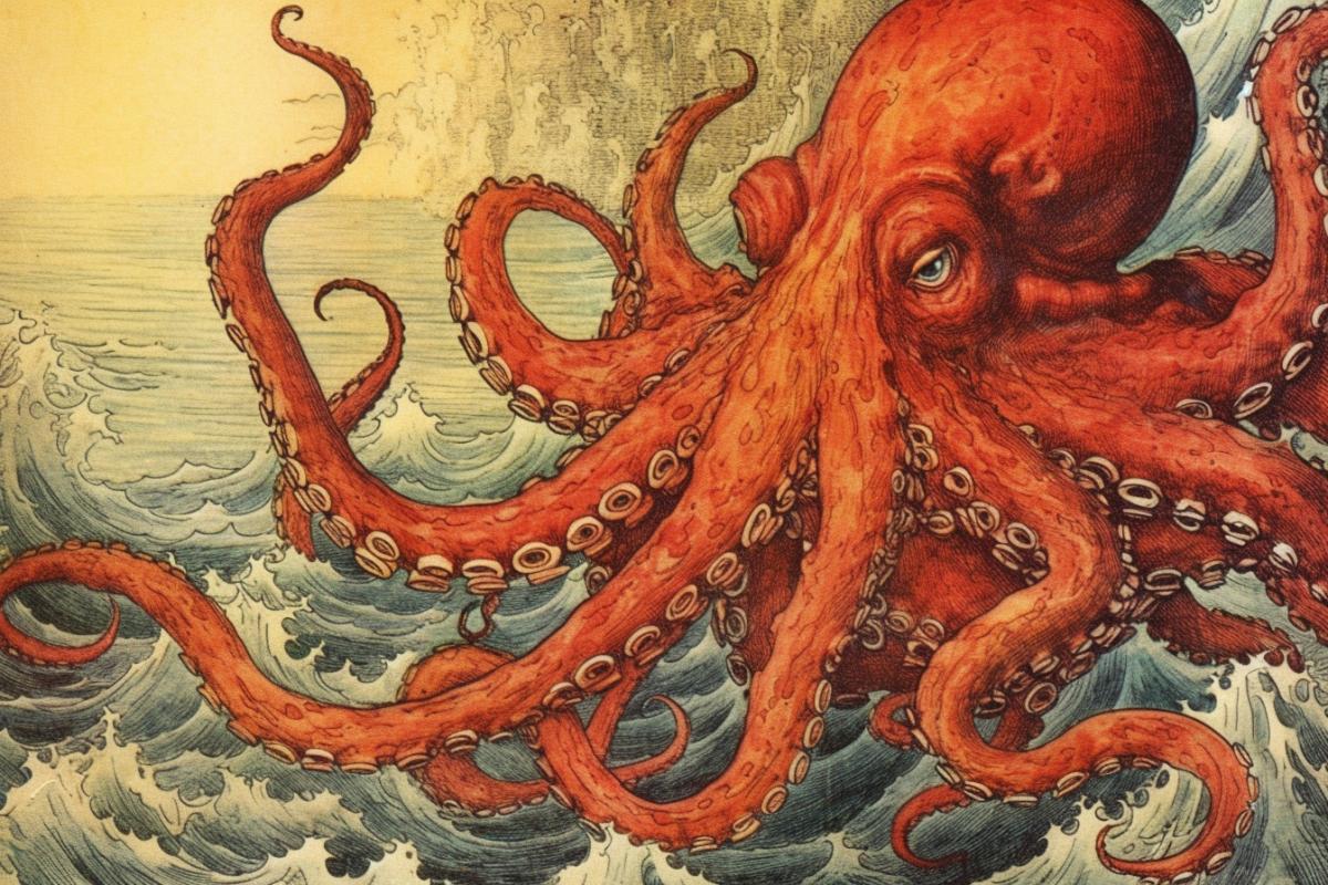 Japanese print depicting a huge octopus