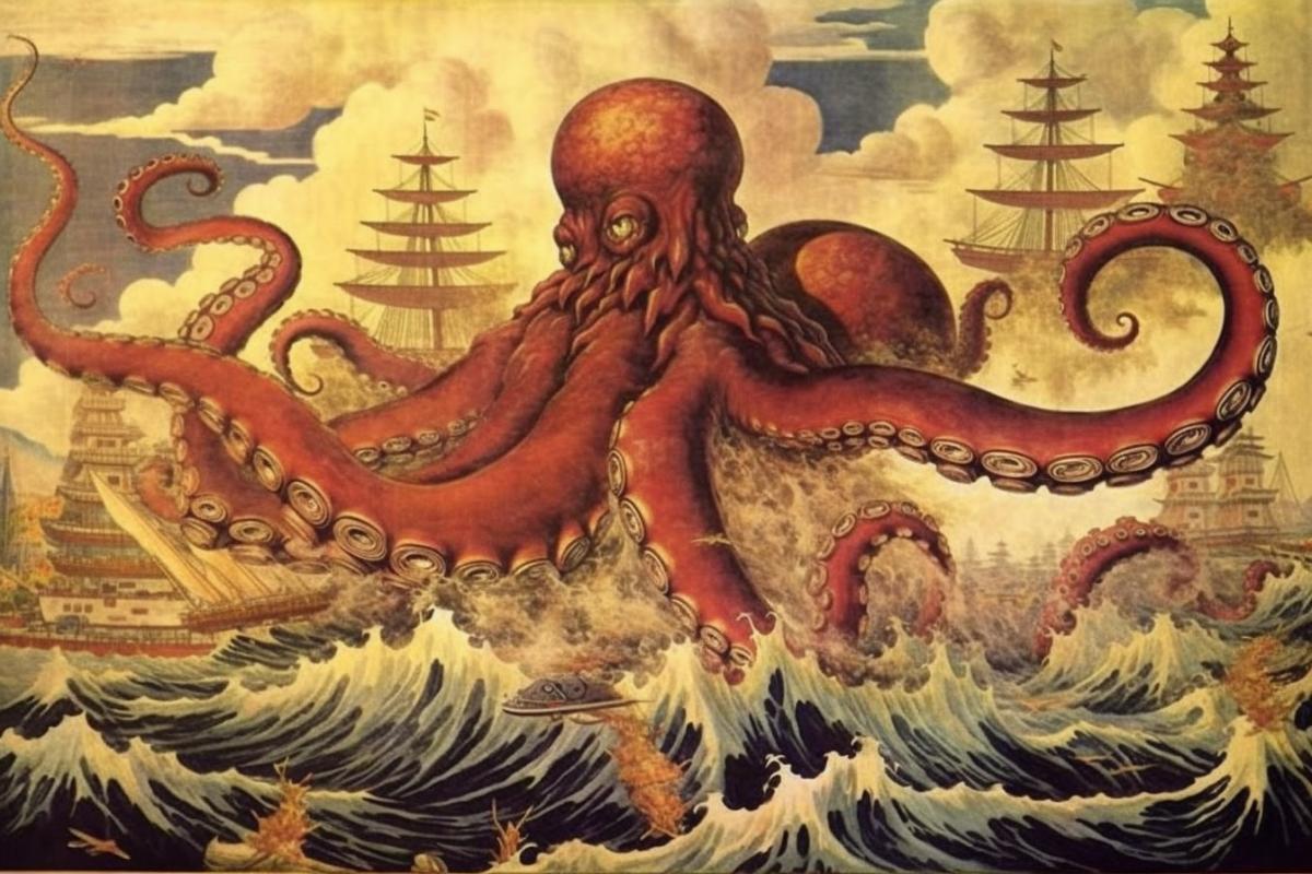 Japanese print depicting a huge octopus