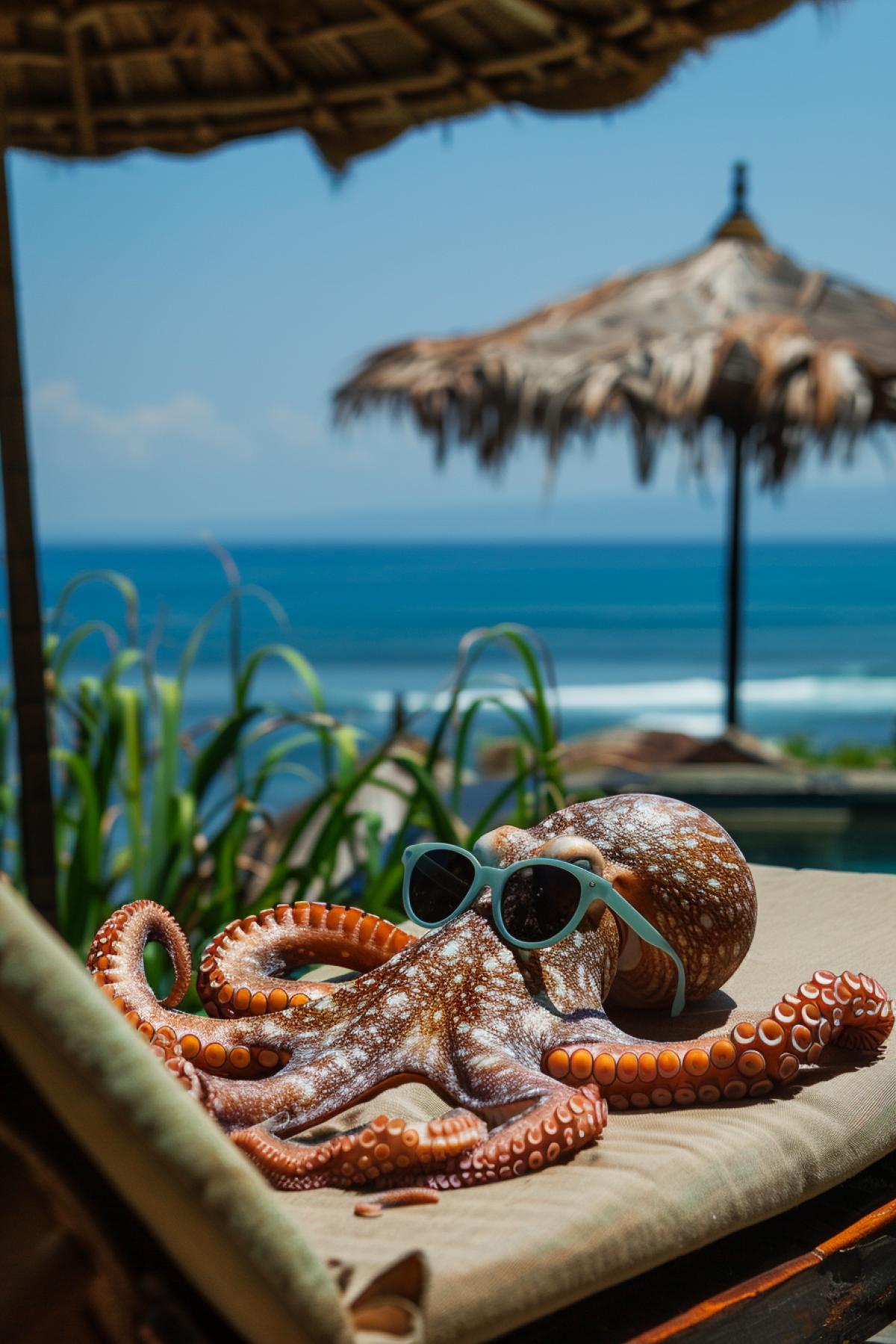 Octopus in sunglasses lying in a lounge chair, next to arockettail with an umbrella, Bali beach in the background.