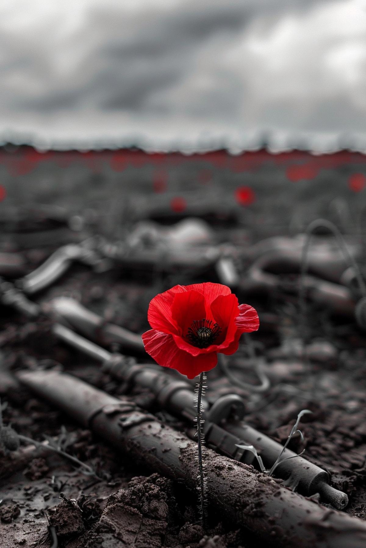Lonely red poppy on a dark and white battlefield covered with weapons