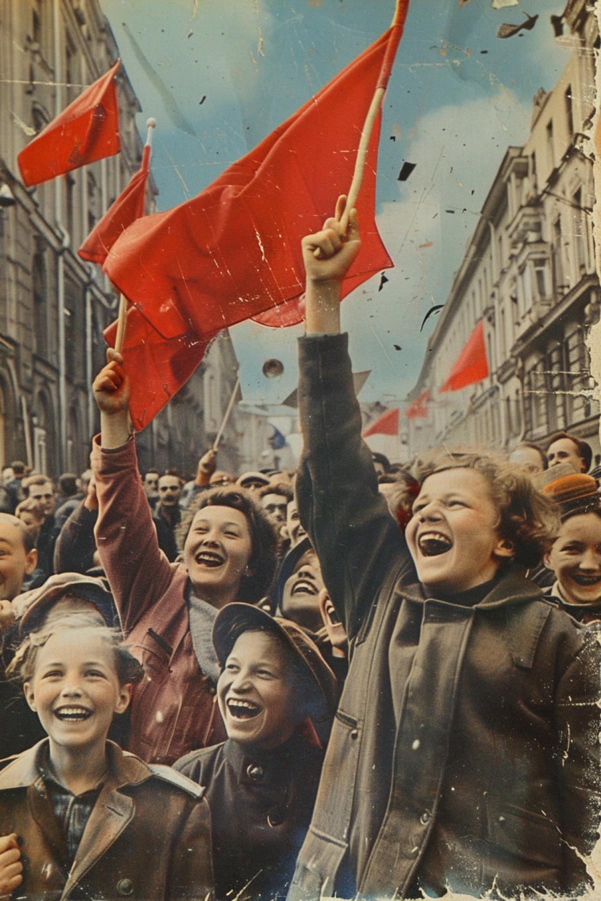 Vintage postcard the joy of Russians on May 9, 1945 after the announcement of victory in the war
