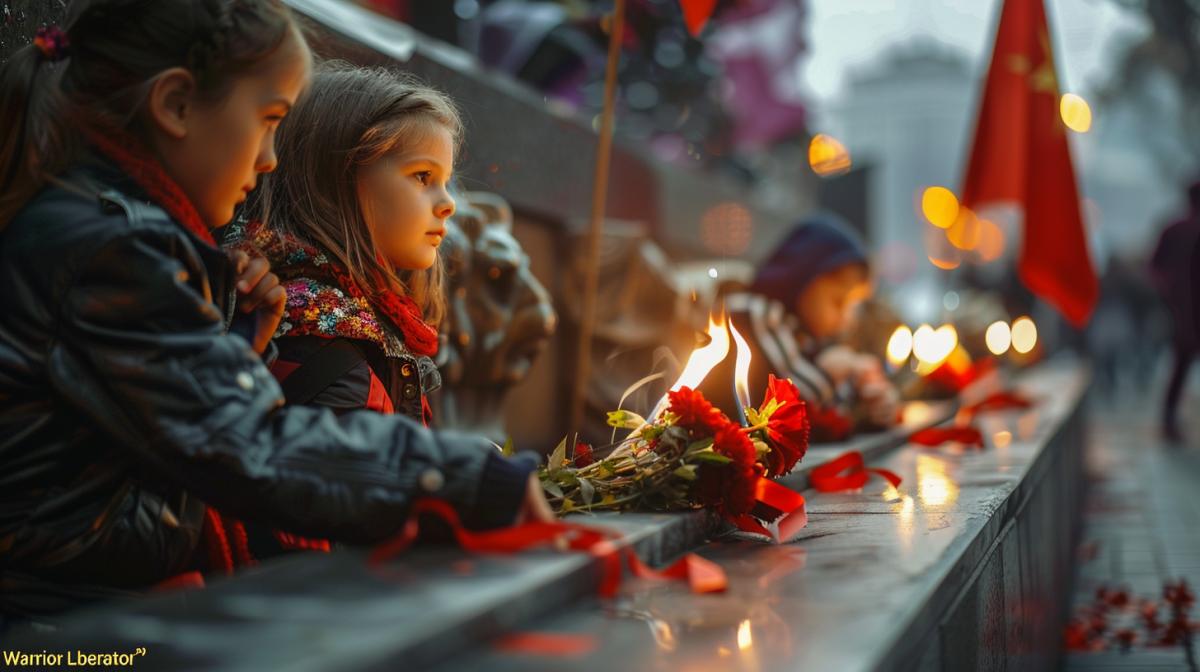 Children lay flowers at the eternal flame at the \"Warrior Liberator\" monument, festive atmosphere, red flags, St. George ribbons, high quality photography, maximum detail