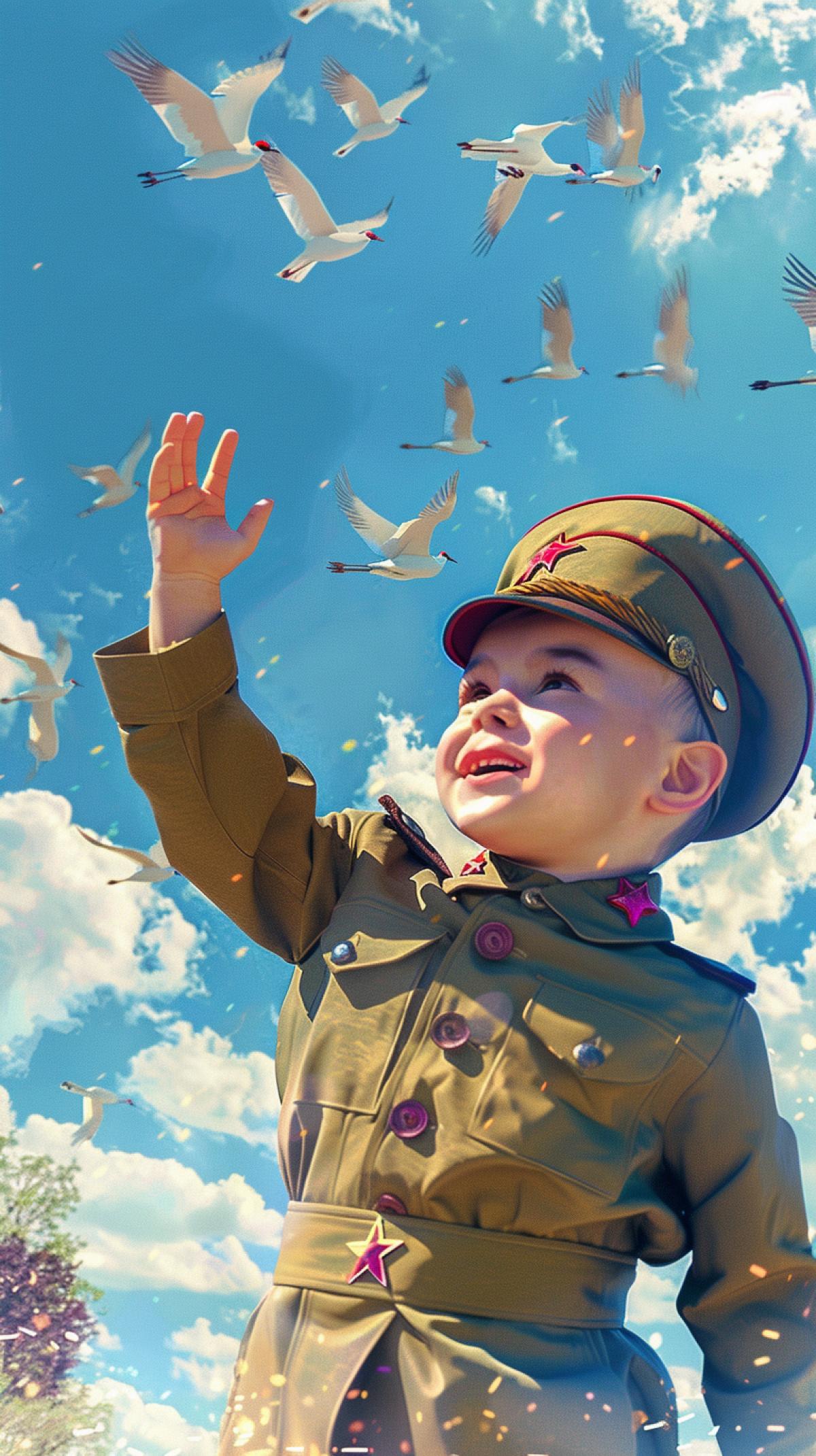 a boy in a tunic looks into the sky at the flying cranes and waves his hand at them and smiles, May, spring, sunny day, CG Painting drawing