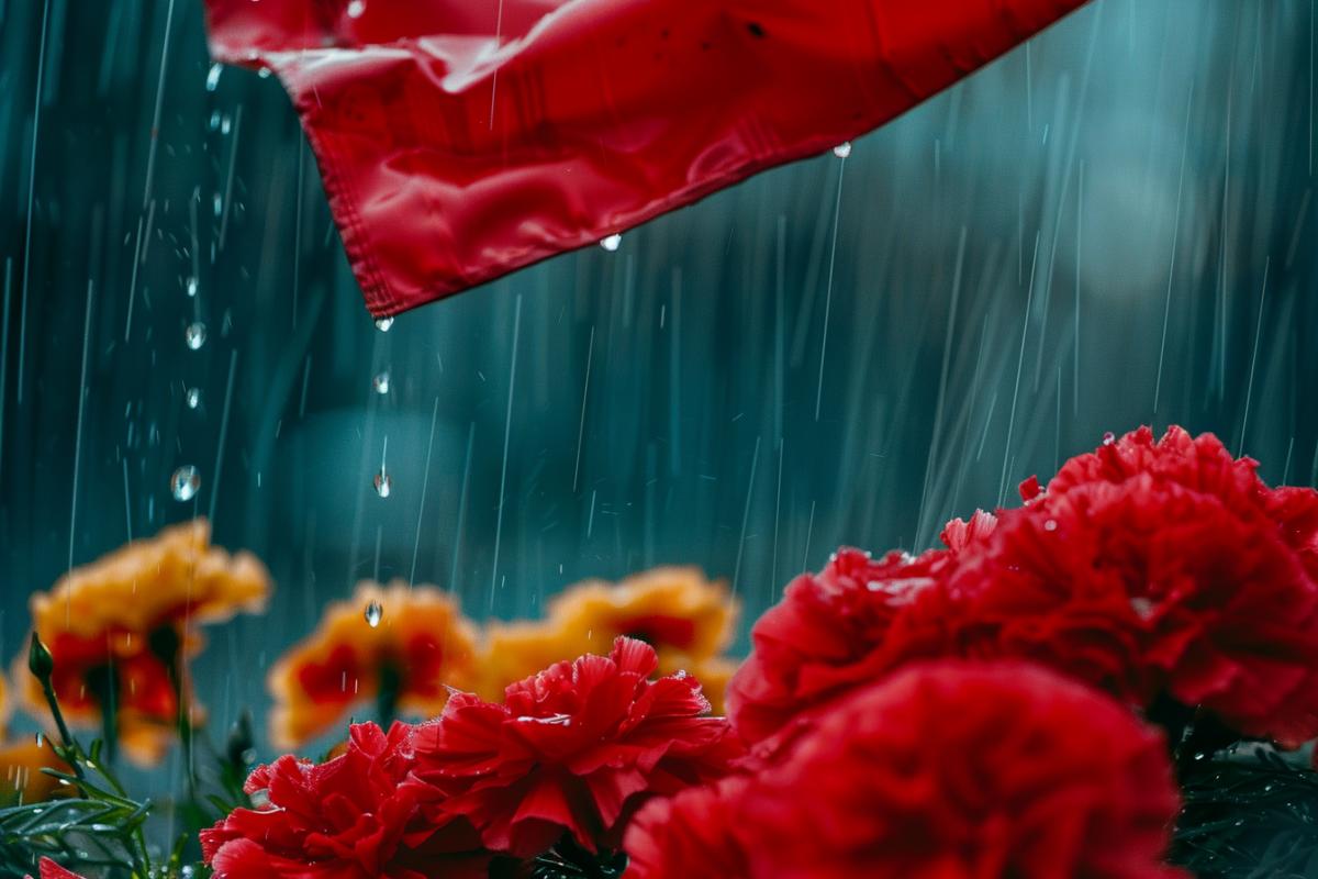 the USSR flag is developing, carnations lie below, it is raining, you can see raindrops close-up