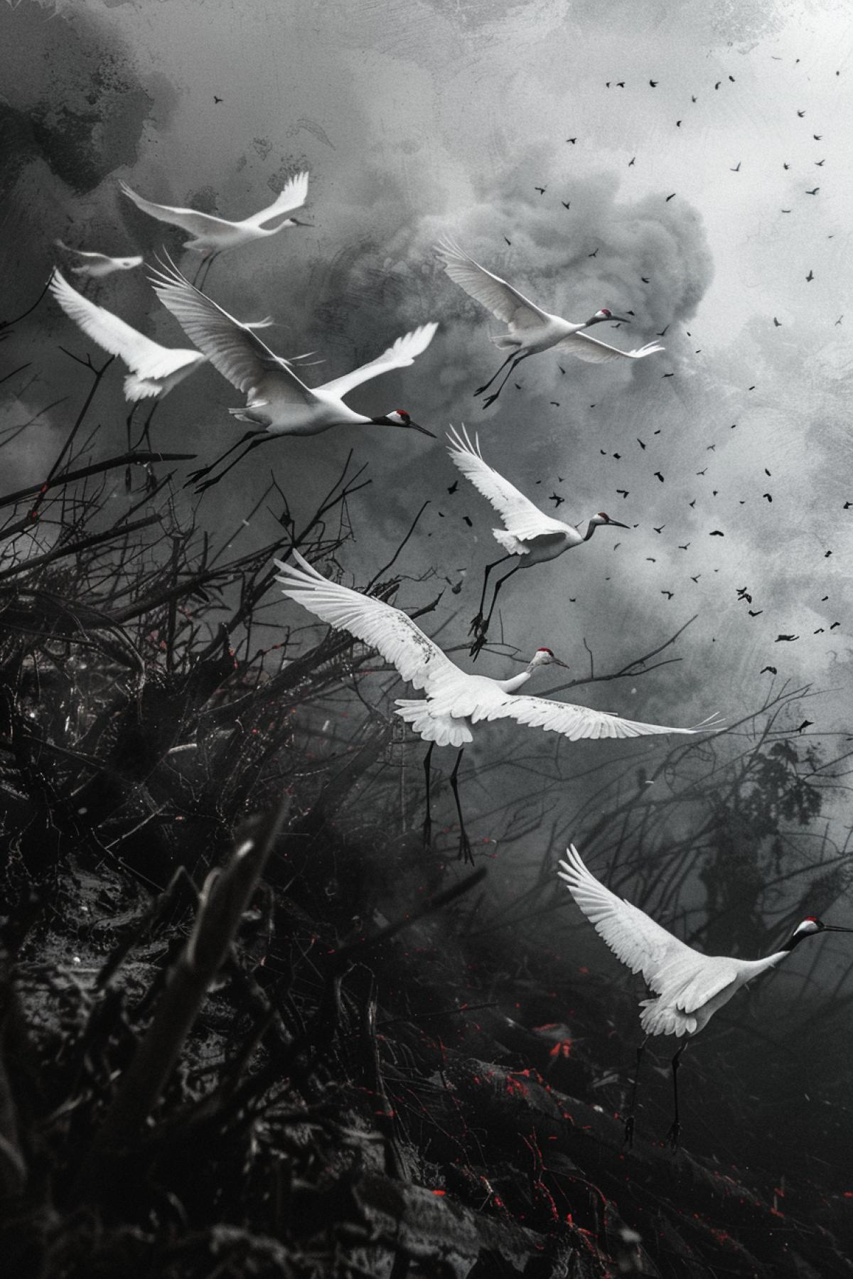 White cranes take off from a battlefield covered with weapons, dark and white photo with color accents