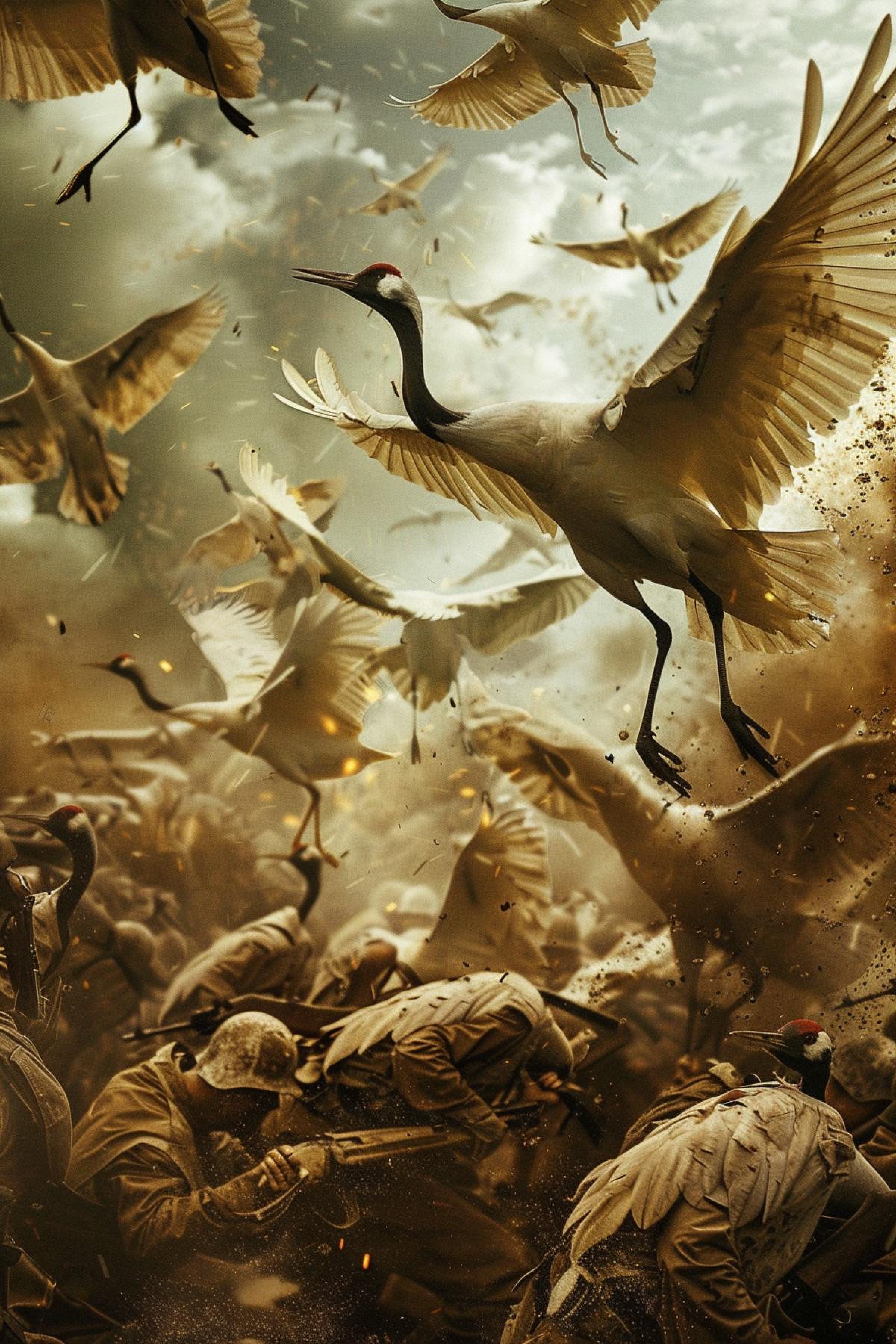 Soldiers of the second world war turning into crane birds and flying up into the skies allegorical picture