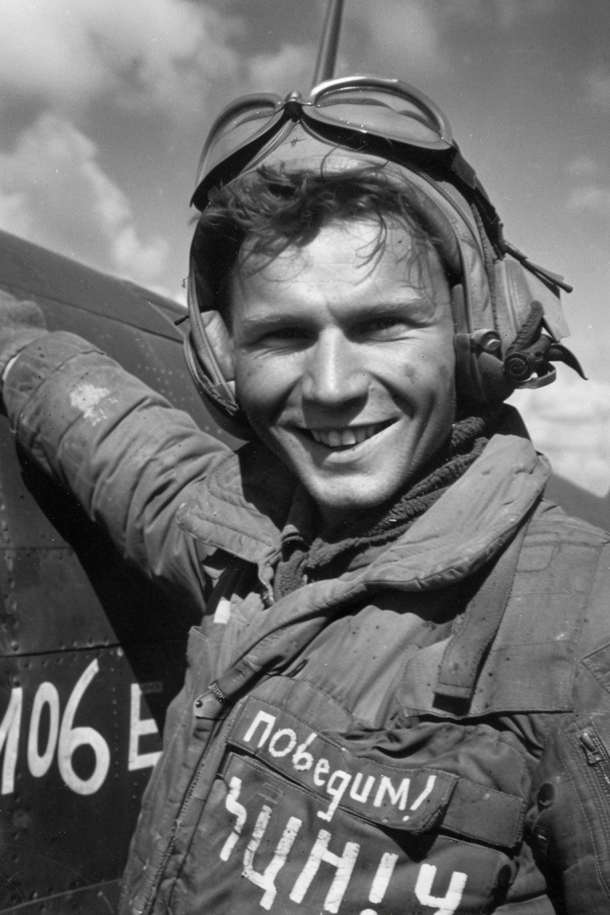 Soviet pilot of the second world war survived stranding near crushed airplane fist up inscription \"no6eguM!\"