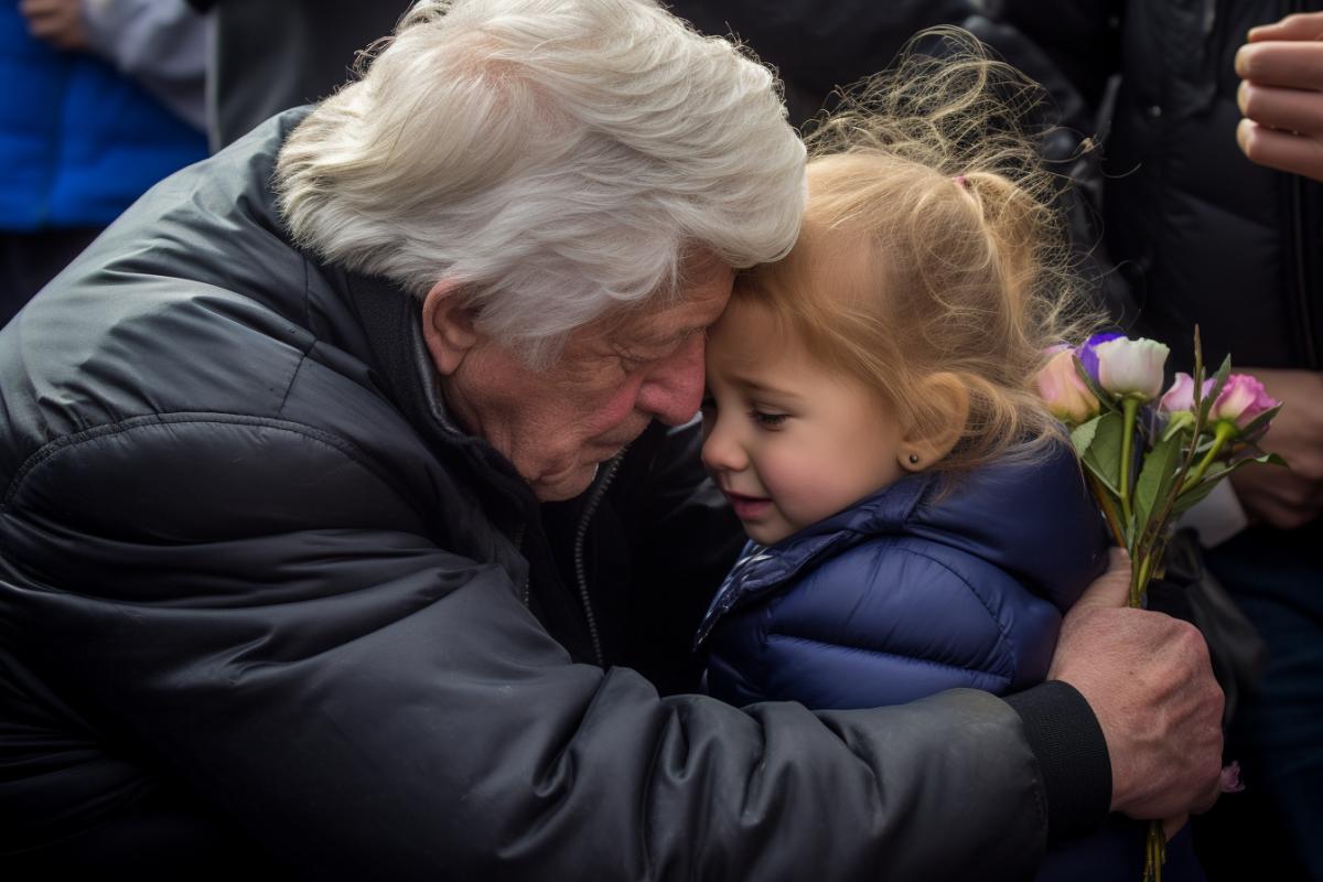 A little girl with white bows in her hair gives a red tulip or carnation flower to an elderly man in a suit with orders, spring, May, blue sky, Red Square Moscow, Victory Day