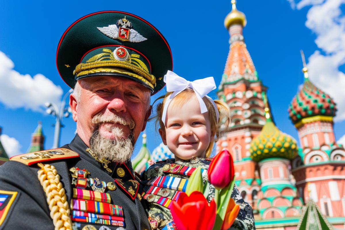 A little girl with white bows in her hair gives a red tulip flower or carnation to an elderly man in a suit with orders, spring, May, blue sky, white doves, Red Square Moscow, Victory Day
