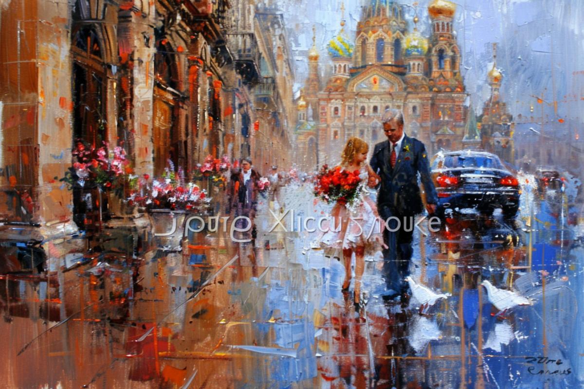 A little girl with white bows in her hair gives a red tulip flower or carnation to an elderly man in a suit with orders, spring, May, blue sky, white doves, Red Square Moscow, Victory Day