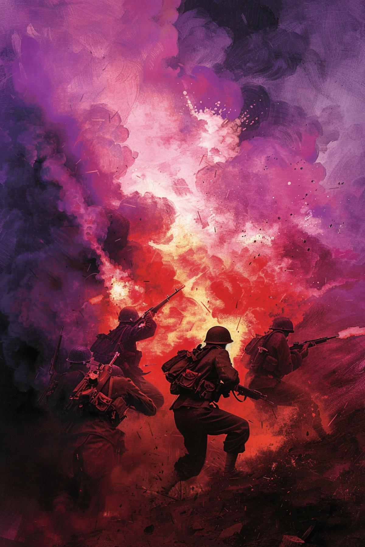Soldiers of second world war in mortal combat fire explosions smoke multicoloured illustration by Edmund Dulacs Arabian Nights