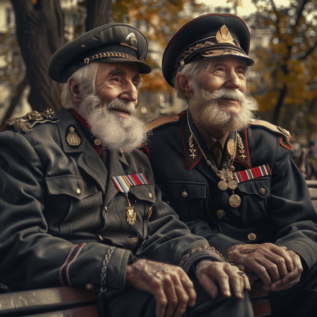 Two best friends of an old man with gray beards and cheerful faces are sitting in military uniform with medals on a bench in the square, high detail