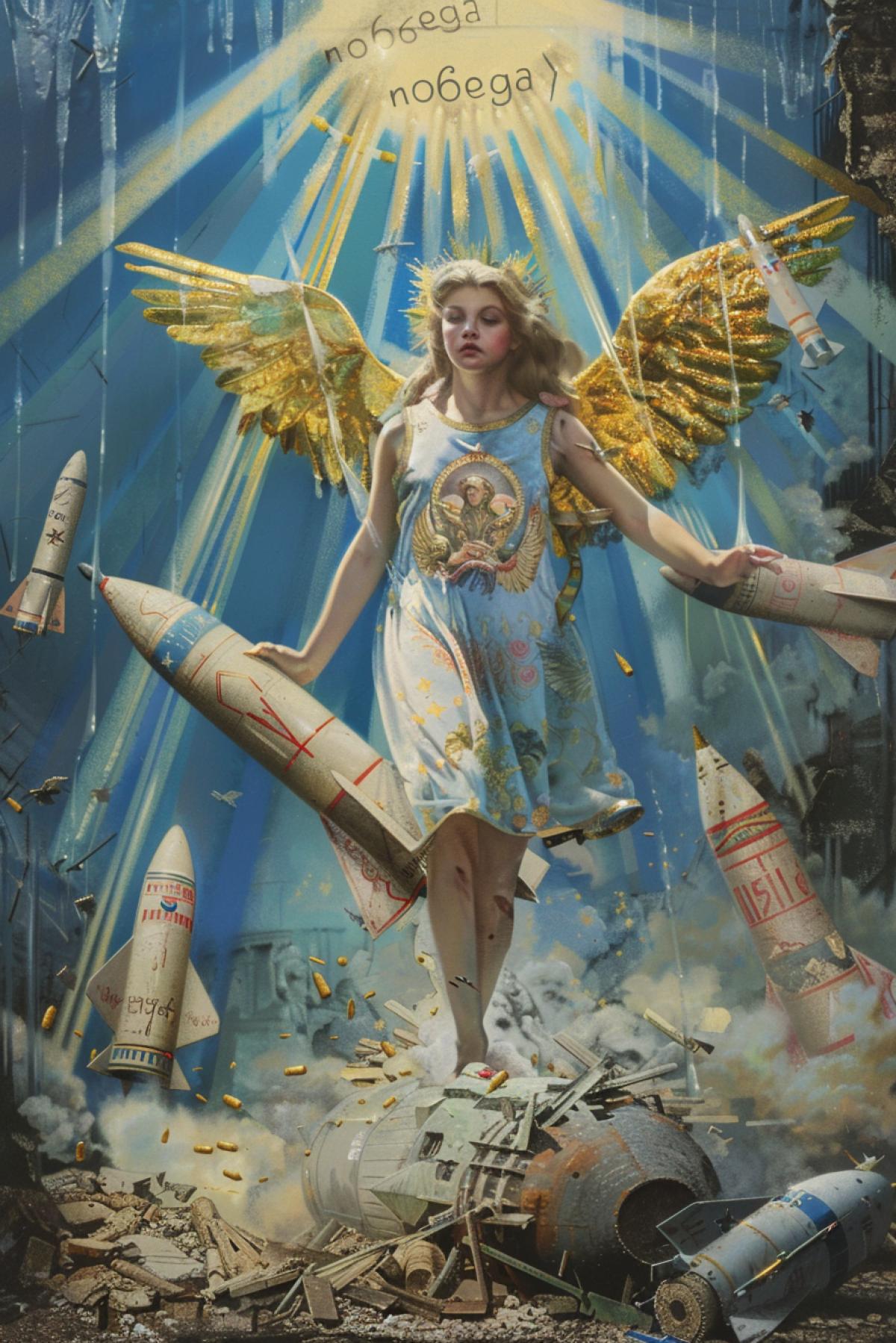Frightening dangerous war machine comprising built-up of bombs rockets tanks aircrafts destroyed crushed down by rays from kind face young Russian female angel blue skies above text \"no6ega\" allegorical picture