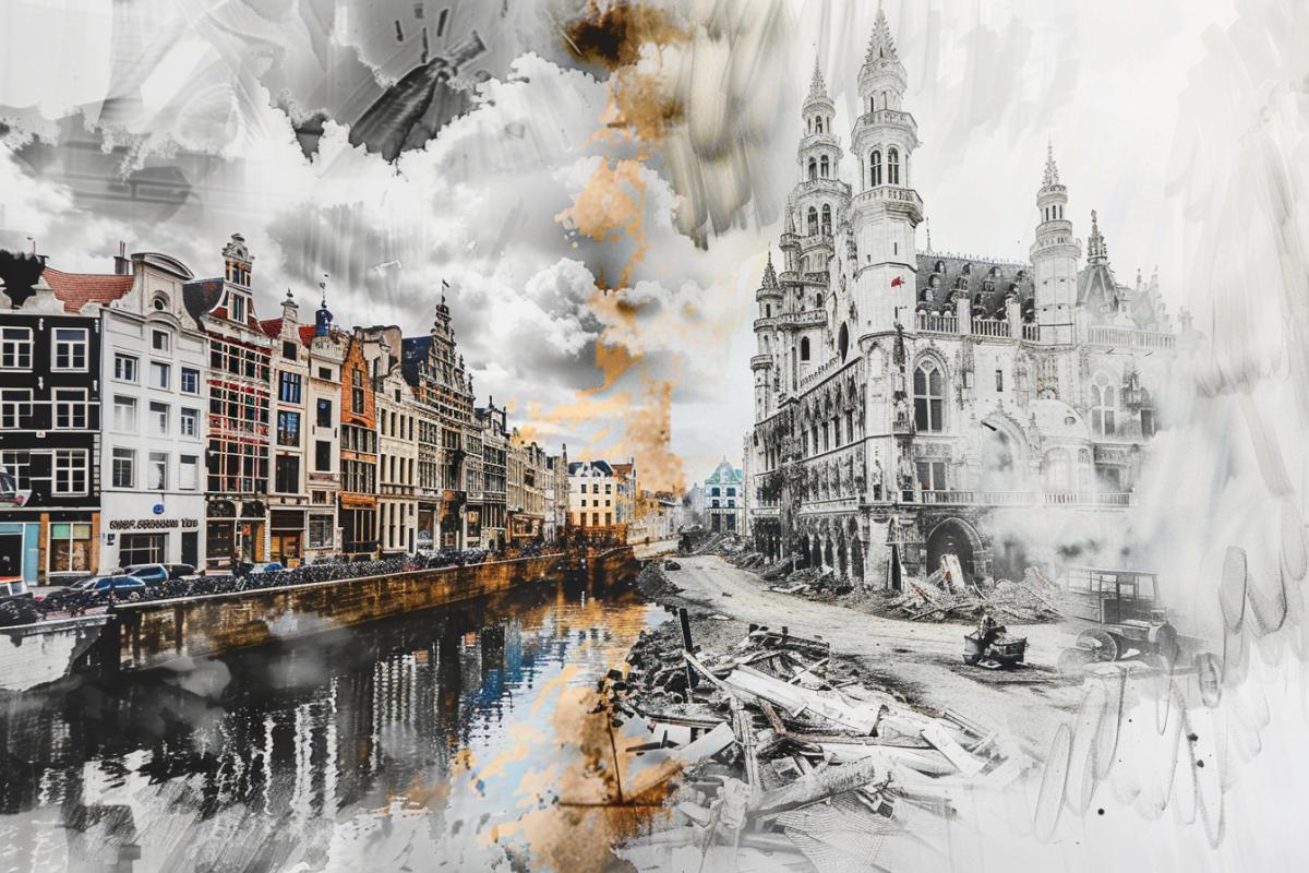 Left to right image becomes from dark-and-white pencil drawing picturing war into full coloured bright colours art picturing peaceful beautiful European city
