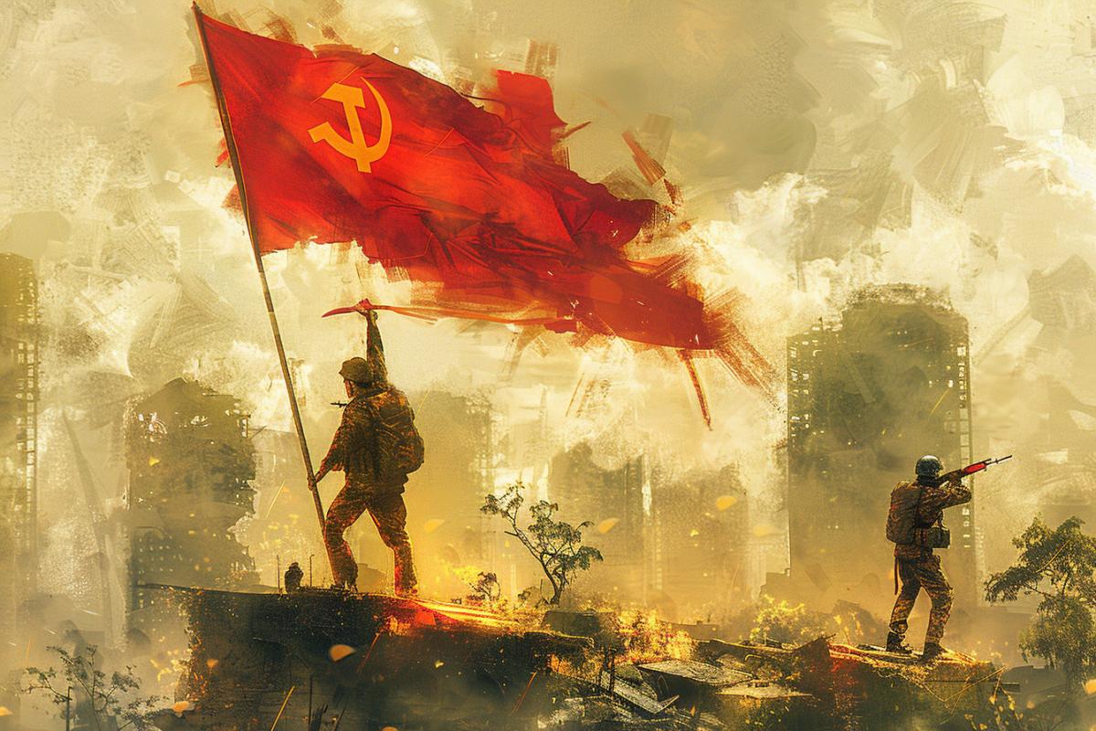 This photo shows a soldier raising a large red flag with a sickle and hammer symbol on it. The flag is almost as tall as the soldier himself. The background shows a city in ruins. There are two other soldiers in the picture, one on the left and one on the right, both of whom are on high ground.