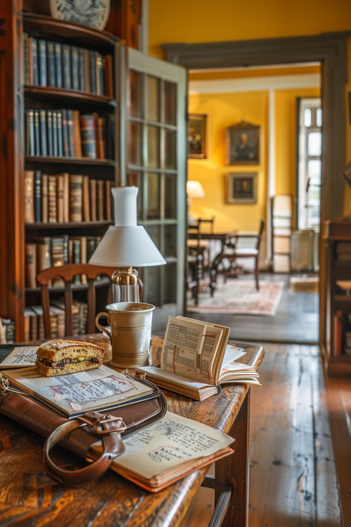 Interior picture of 1950-s style polished wood bookcase with swingout table textbooks on shelves old leather shoulder belt school bag with drawn ink pictures yellow walls plank floor old table lamp in the middle of the table thick open book with pictures two sandwiches with cheese and glass of soda general wide-angle view professional interior photo