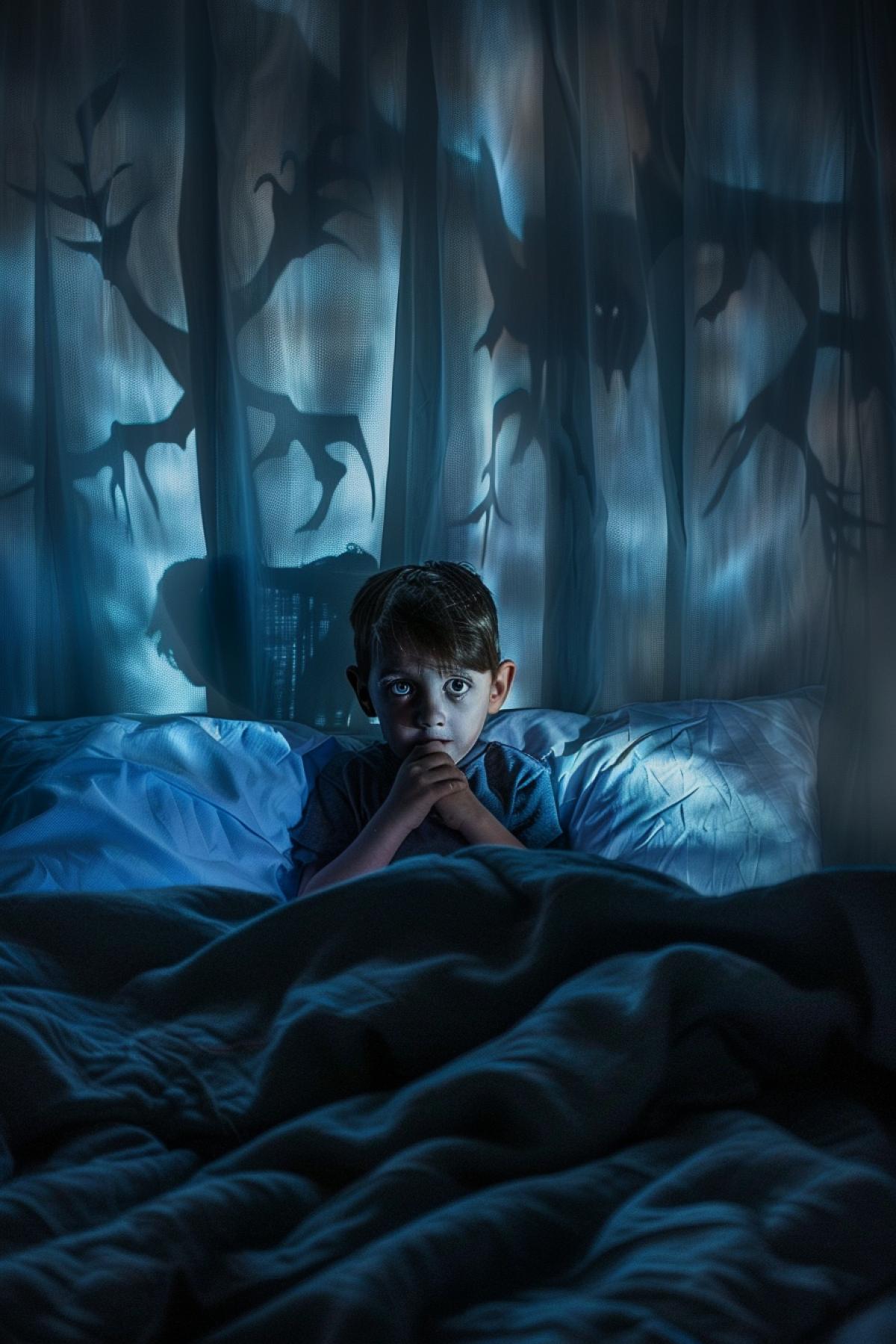 3-year-old frightened boy in his very small bedroom at night sitting in bed hiding in blanket night behind the windows multiple frightening shadows everywhere around hinting existence of monsters