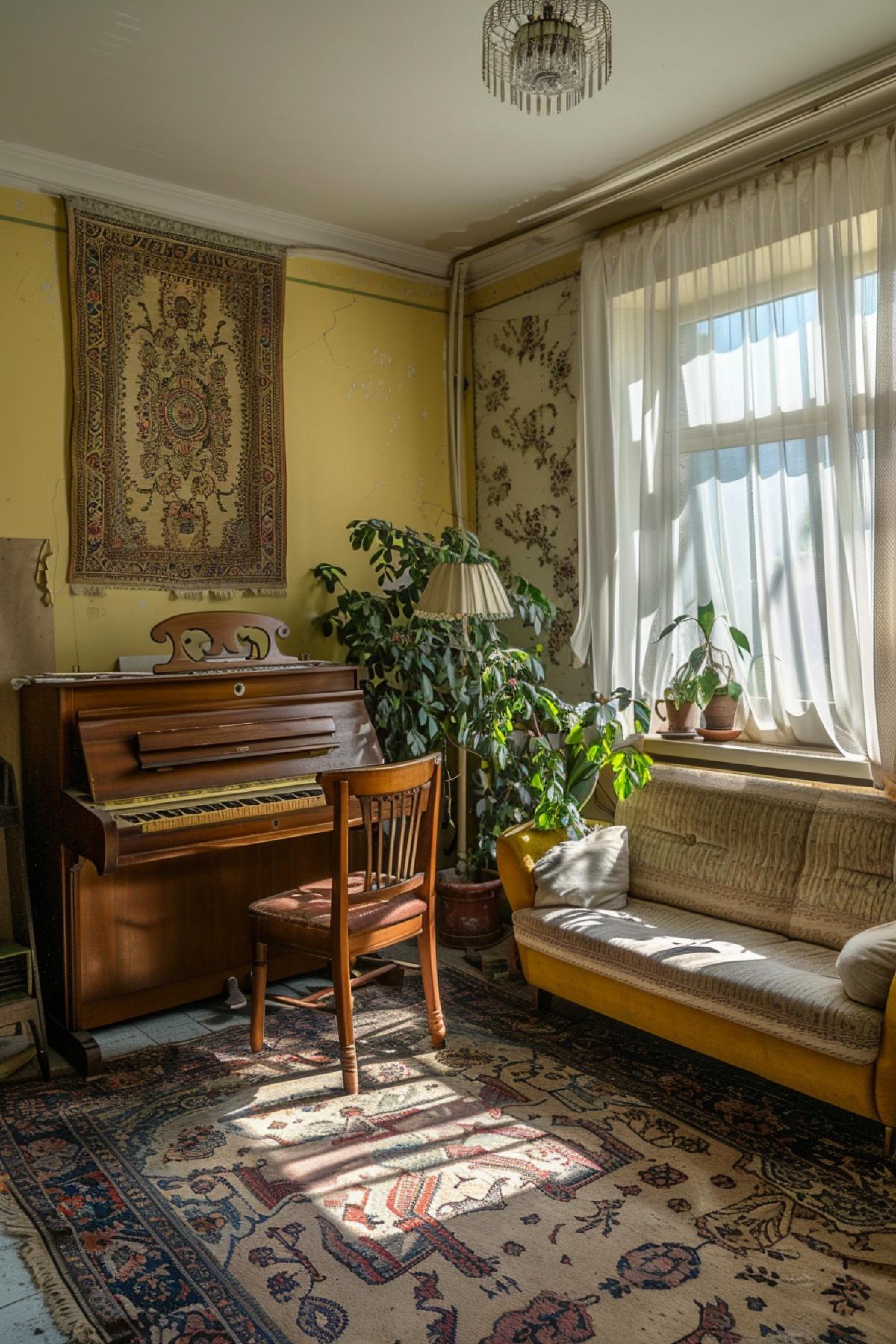 A room in an apartment from the times of the USSR, a schoolchild’s desk, a sofa, a piano, a carpet on the wall, a cozy atmosphere, a color photo, sunlight