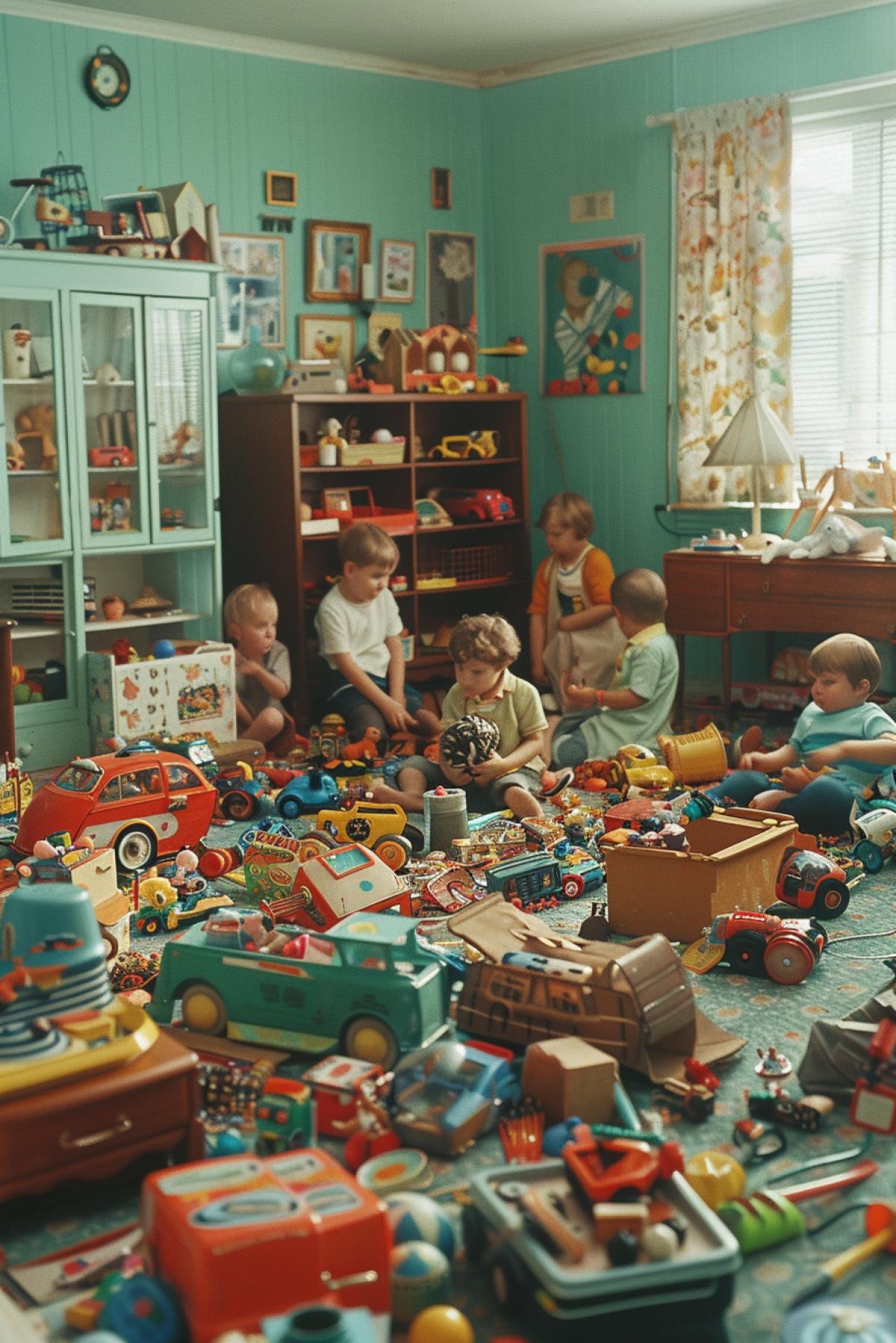 Big lightful kids room in style of 1950-s with several kids playing the whole pile of 1950-s style toys