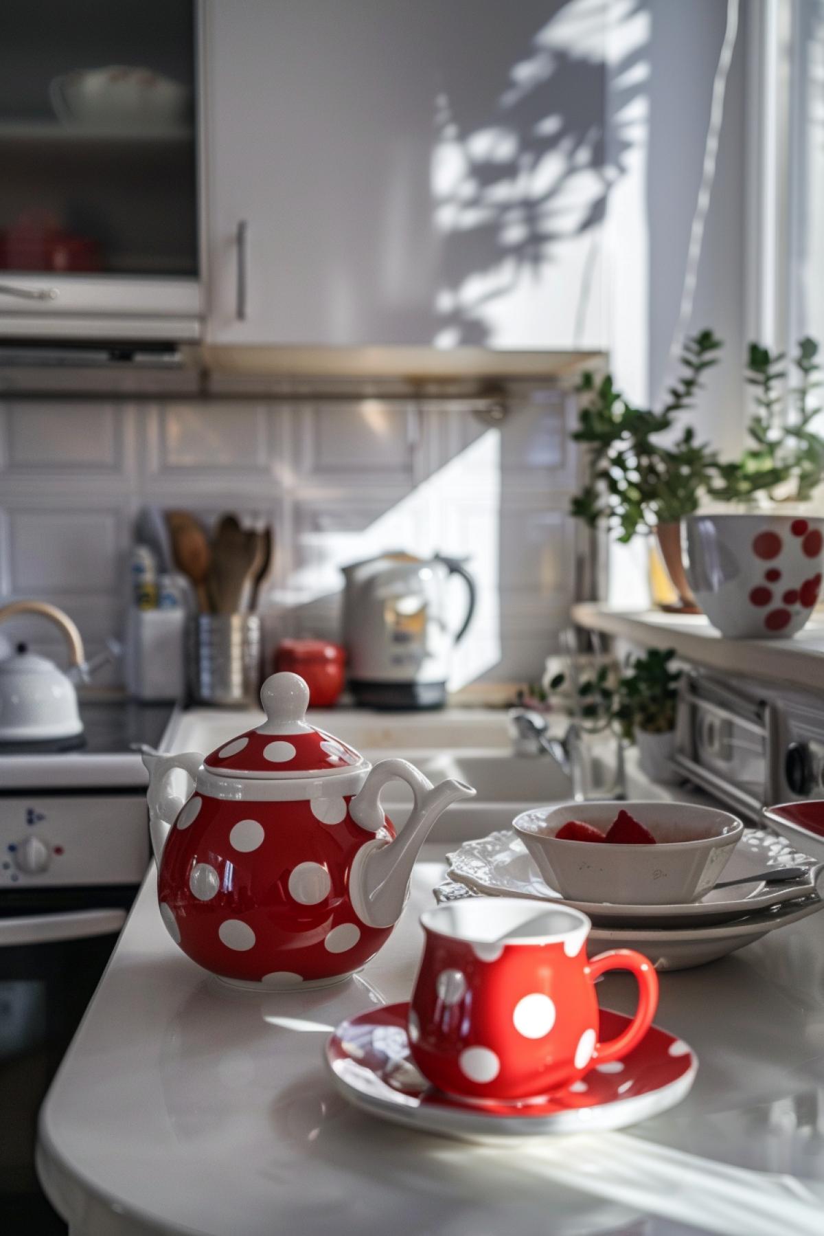 A small kitchen in a Soviet apartment from the times of the USSR, a kitchen set with white plastic facades, a red tea set with large white polka dots on a white table, comfort, sunlight, cleanliness