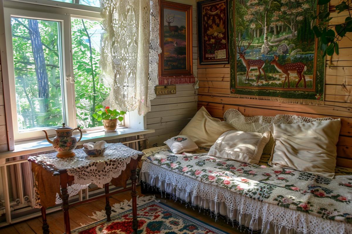 A room in a Soviet rural house from the late USSR, a table with a samovar and a bright cup and, a bed with white pillows and white elegant lace, on the wall a large carpet depicting two deer by a pond in the forest, sunlight, comfort and tranquility