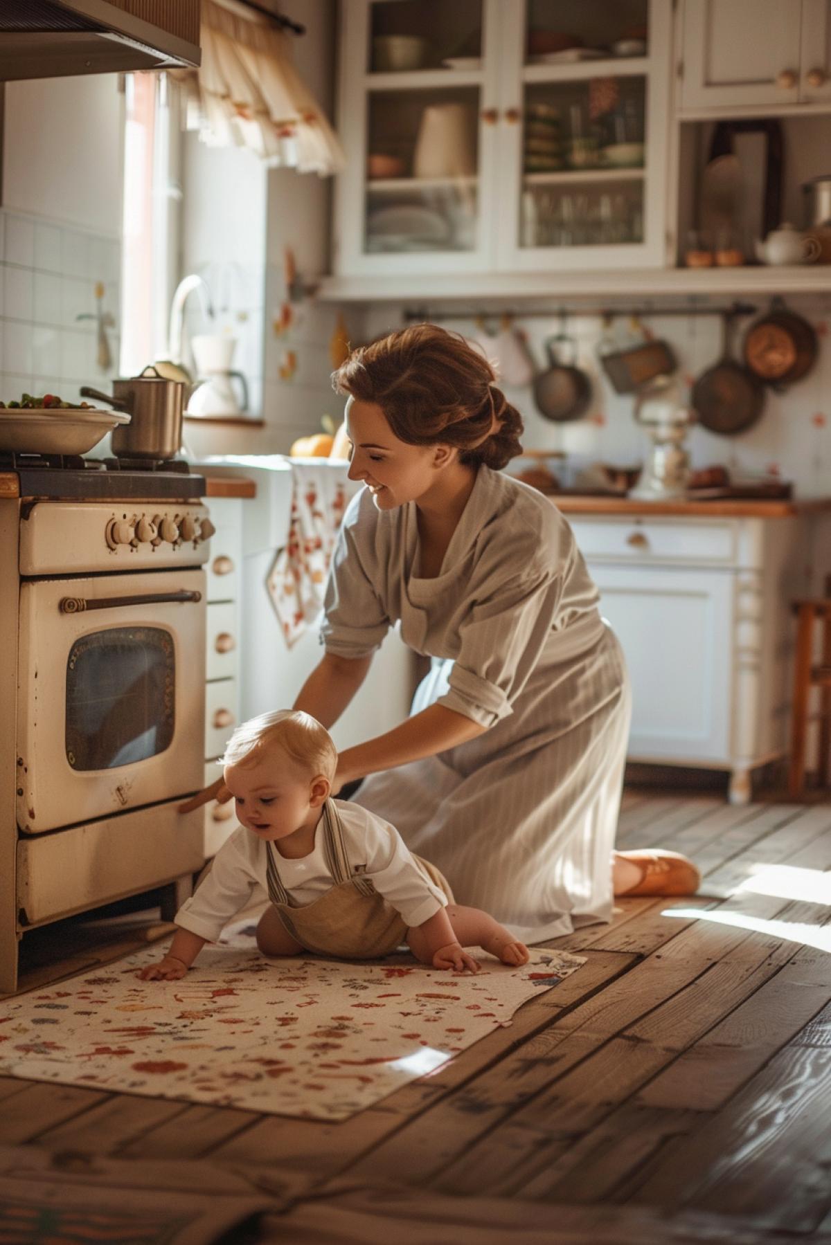 Low view down from the floor at beautiful 1950-s mom cooking in 1950-s style kitchen plank floor white old-fashioned gasstove simple wooden table with tableclothes cute 1950-s baby crawling smiling at mom