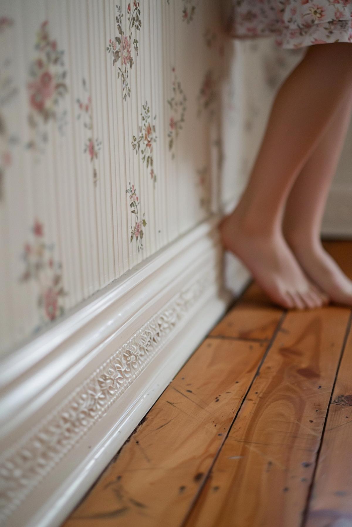 Very close view at the inner corner of the room wallpaper with small flowers wooden molding along polished plank floor kids toes seen in the bottom of picture