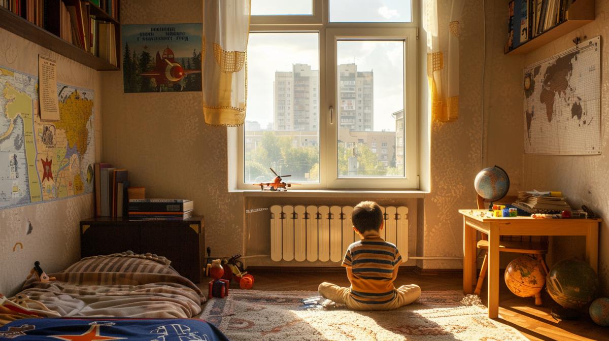 Soviet apartment, a child sits on the carpet and plays with Soviet toys outside the open window, summer day, sun with light clouds to the right of the window, there is a table on the table, a globe, textbooks and notebooks to the left of the window, a bed on the wall, a map of the USSR, a model of the Yak-3 aircraft hanging from the ceiling, modeling (accent) light from the sun on the child, high quality photo