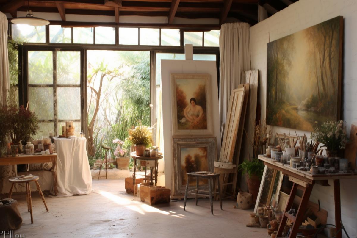 Cozy artists studio, light, painted boxes, sheets of paper, paints, easel, paintings, art, artists room