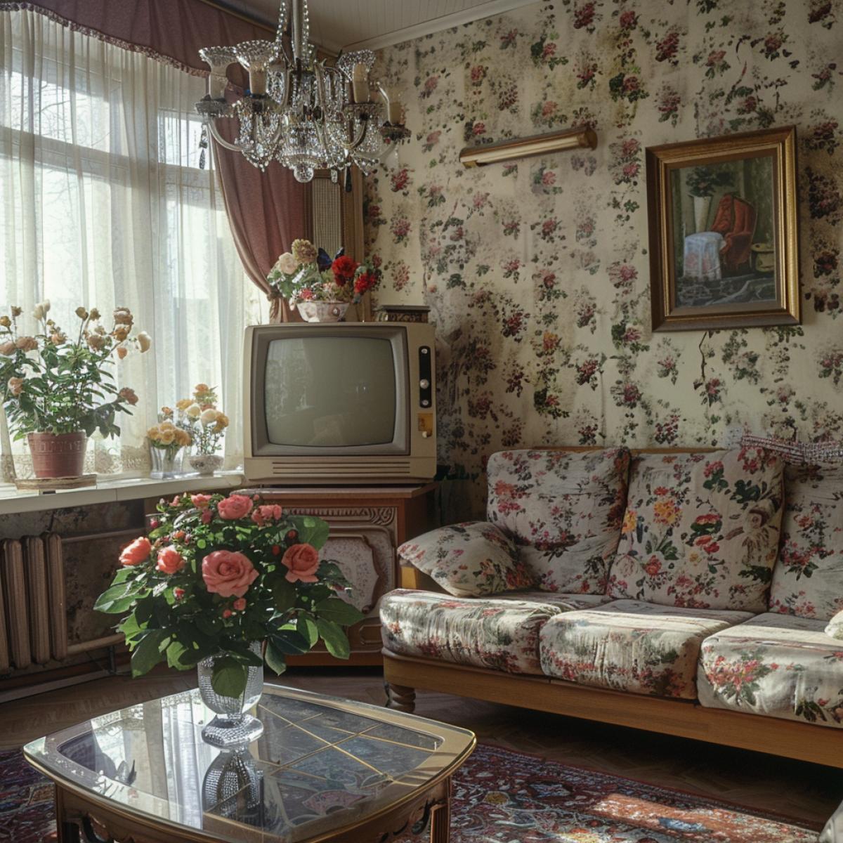 Soviet apartment of the 90s of the 20th century, Soviet sofa, coffee table, crystal vase with roses, Soviet tube TV on a stand, wallpaper with small flowers on the walls, ceiling height two meters and seventy centimeters, large carpet on the wall, indoor flowers on the window, sunlight, high resolution