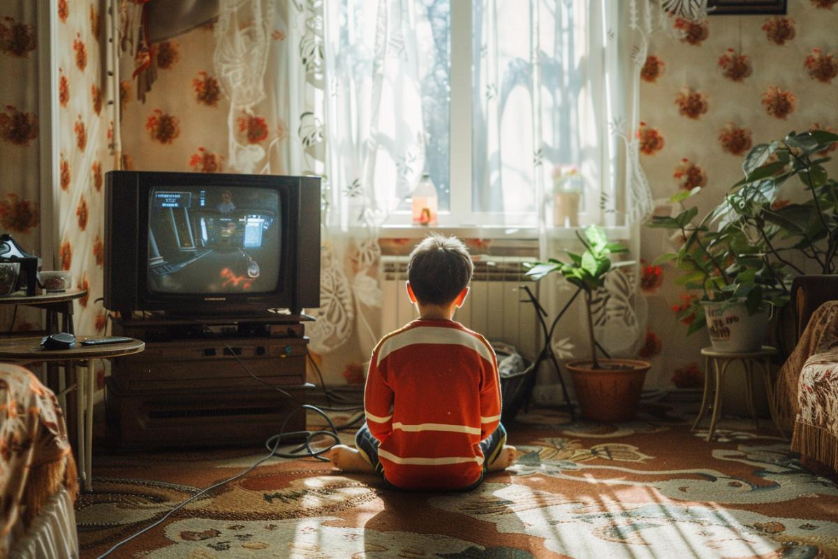 Cozy room, boy playing video game while sitting on the floor, Soviet style