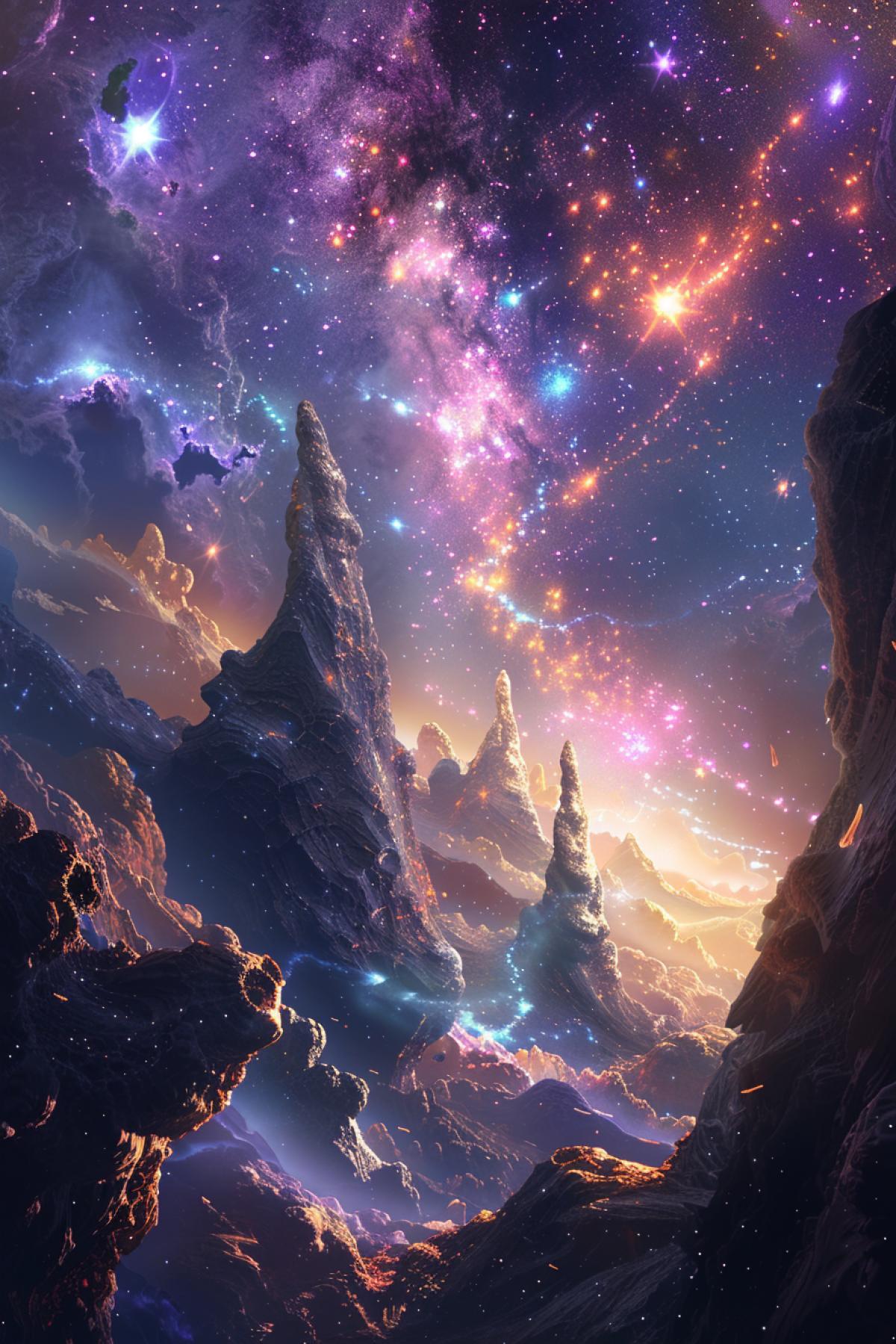 A galactic clearing surrounded by gloomy stars, where rocky formations grow from cosmic dust, and wondrous fireworks explode in the skies, illuminating them with multi-colored lights.