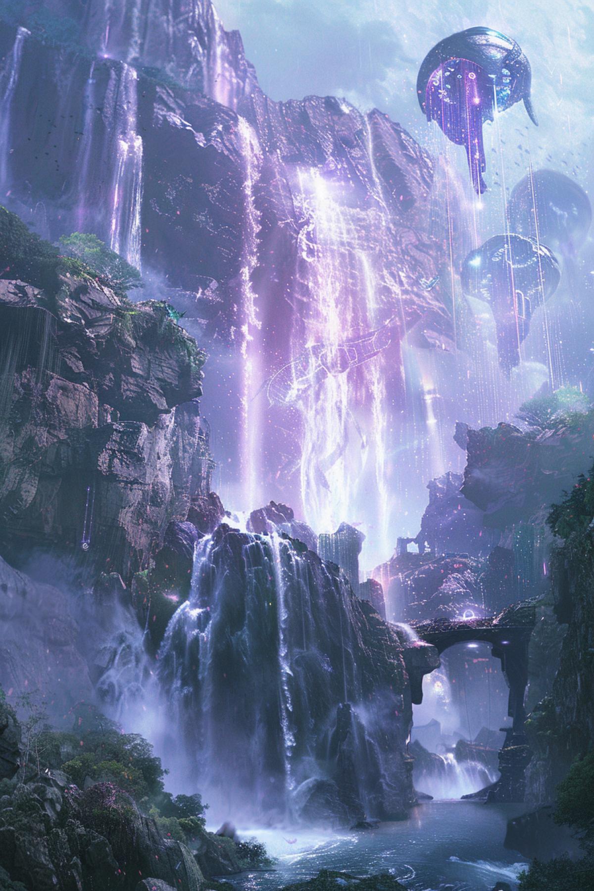 In the center of a huge waterfall, a floating island of energy appears, surrounded by sparkling domes emitting purple rays, and above them giant biomechanical whales swim, disappearing into a magical mist.