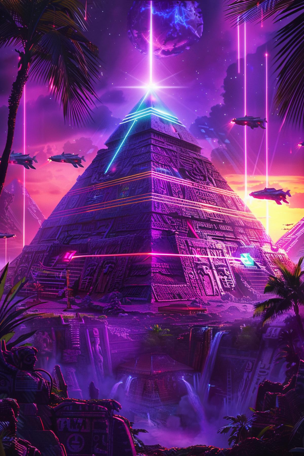 Against the backdrop of a purple sunset, a huge pyramid rises, covered with the symbols of ancient civilizations and shrouded in magical stripes of light, while strange creatures circling around it, emitting a neon glow.