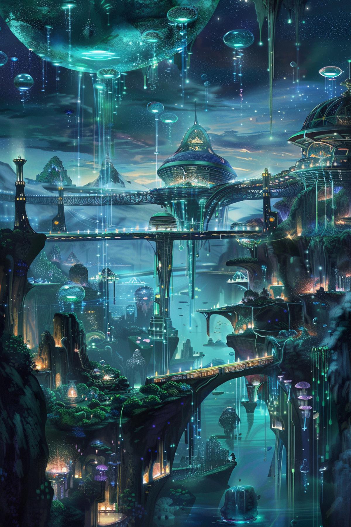 A giant ocean of liquid crystal, above which hovers an atoll city of glittering glass houses and a labyrinth of bridges, and beneath the water lie vast coral gardens illuminated by glowing jellyfish.