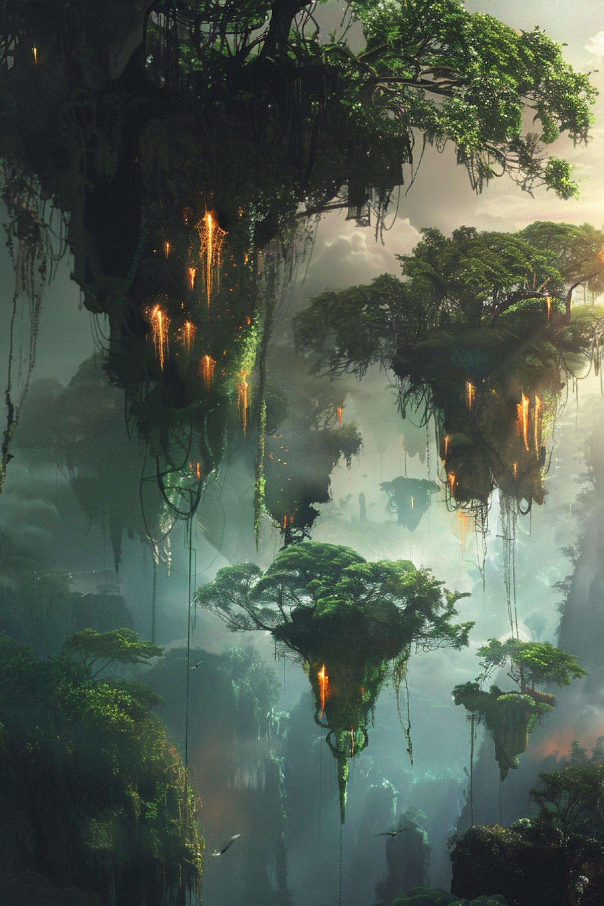 A jungle planet, where trees hundreds of meters high are covered with luminous foliage, and pieces of earth float in the air, forming floating islands, around which creatures fused with the vegetation conduct mysterious rituals.
