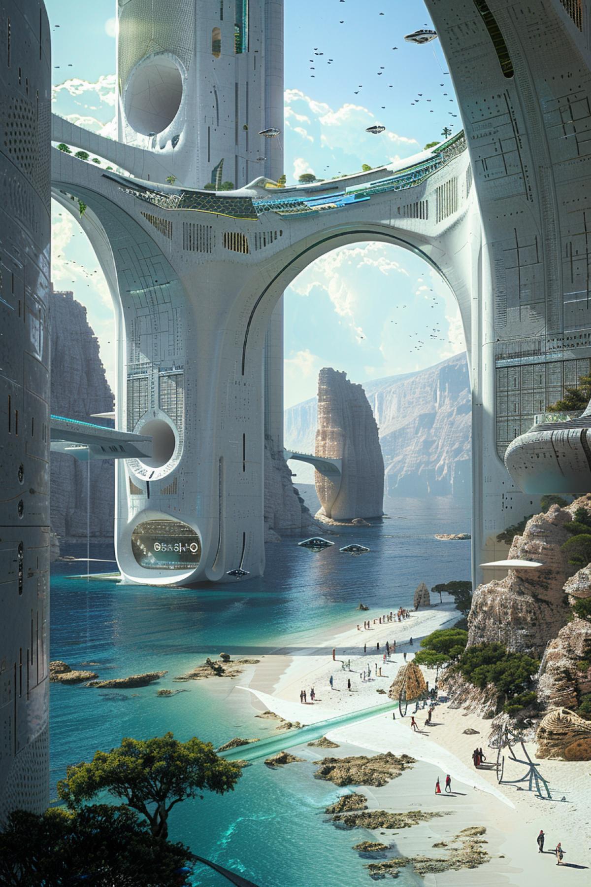 Imagine a hyper-realistic depiction of futuristic lendscape set in the year 2700. The inhabitants adorn themselves in fashion akin to the visionary designs of Zaha Hadid. Drawing inspiration from the cinematic styles of directors like Christopher Nolan, inspired by James Cameron, capture the scene using an IMAX 65 mm large-format studio camera boasting an incredible 1,000,000,000 gigapixel resolution. Take in the panoramic view from the coastline