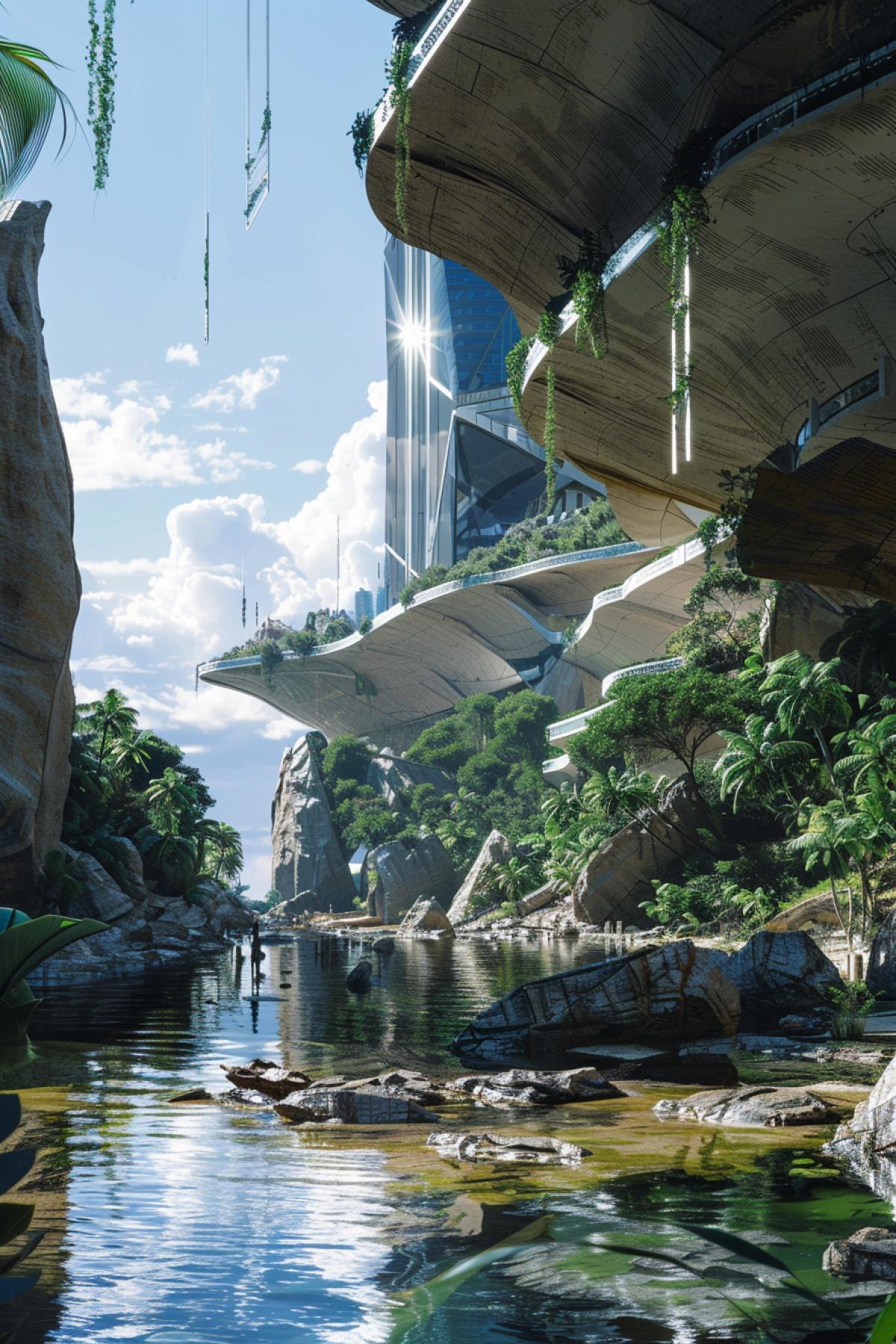 Imagine a hyper-realistic depiction of futuristic lendscape set in the year 2700. The inhabitants adorn themselves in fashion akin to the visionary designs of Zaha Hadid. Drawing inspiration from the cinematic styles of directors like Christopher Nolan, inspired by James Cameron, capture the scene using an IMAX 65 mm large-format studio camera boasting an incredible 1,000,000,000 gigapixel resolution. Take in the panoramic view from the coastline