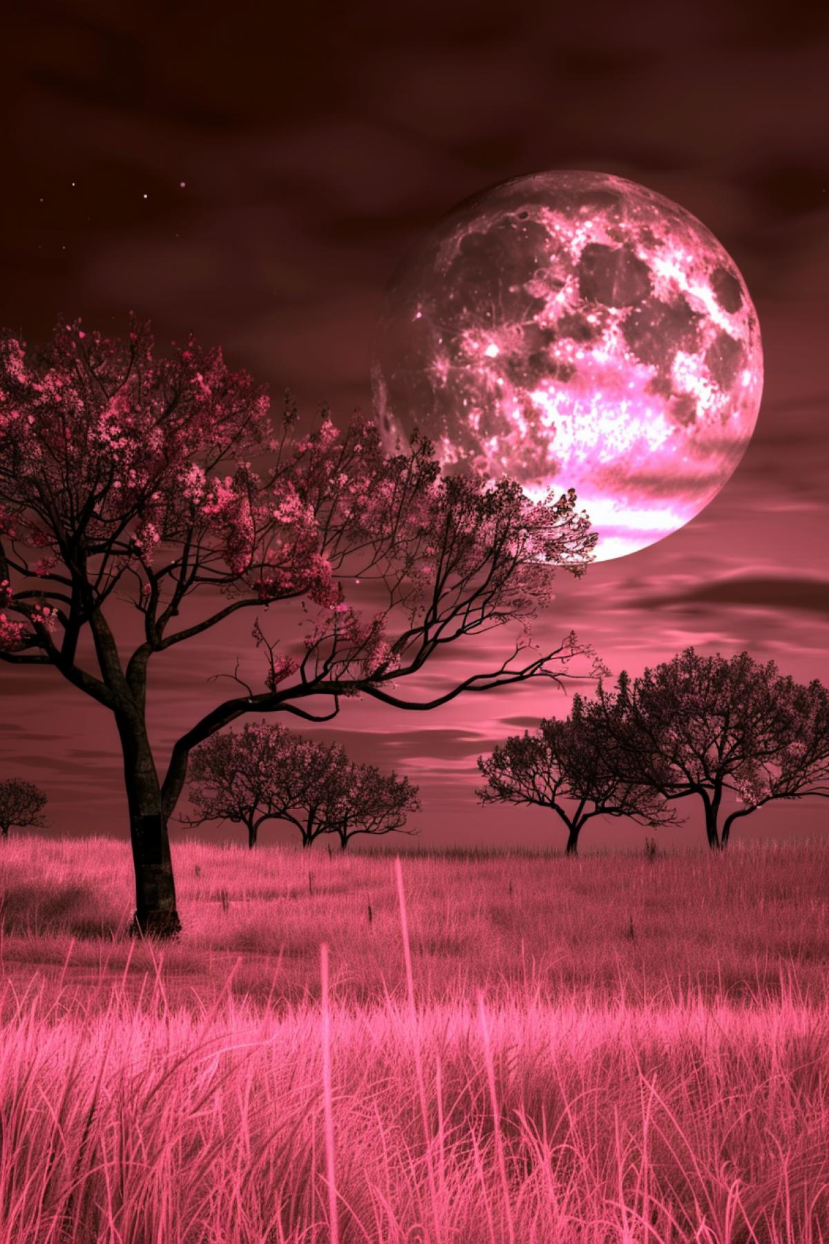 The landscape of an uncharted world. Night.. A huge red planet in a dark sky. Glossy dark obsidian dendritic trees. A field of tall red grass.