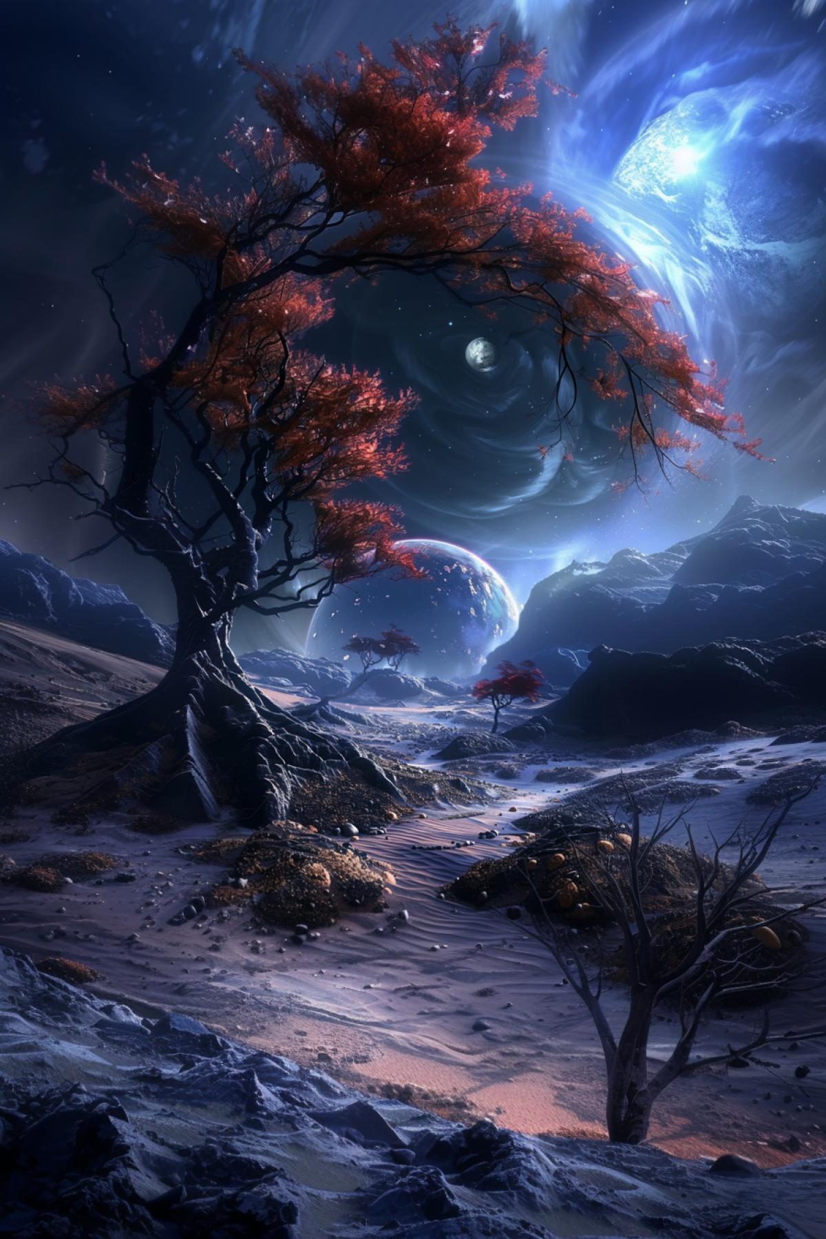 Another planet, parallel world, flickering, magical landscape, Tim Burton style